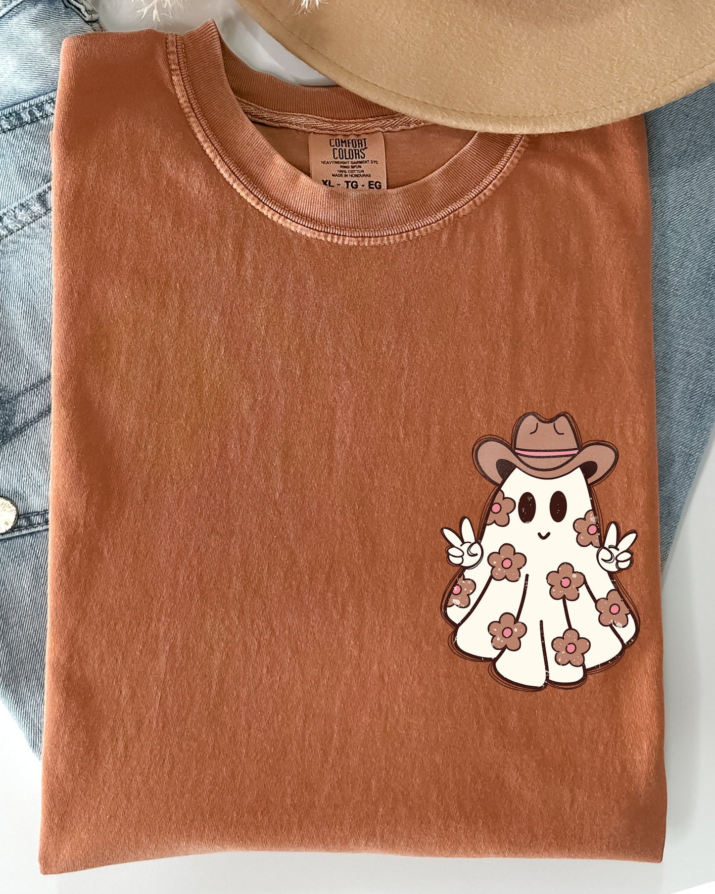Cute Flower Ghost Cowboy Cowgirl Pocket Print Halloween Peace Shirt Comfort Colors T-Shirt