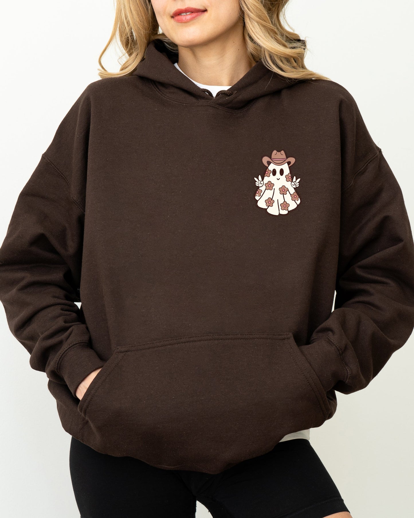 Cute Flower Ghost Pocket Print Halloween Peace Hooded Sweatshirt