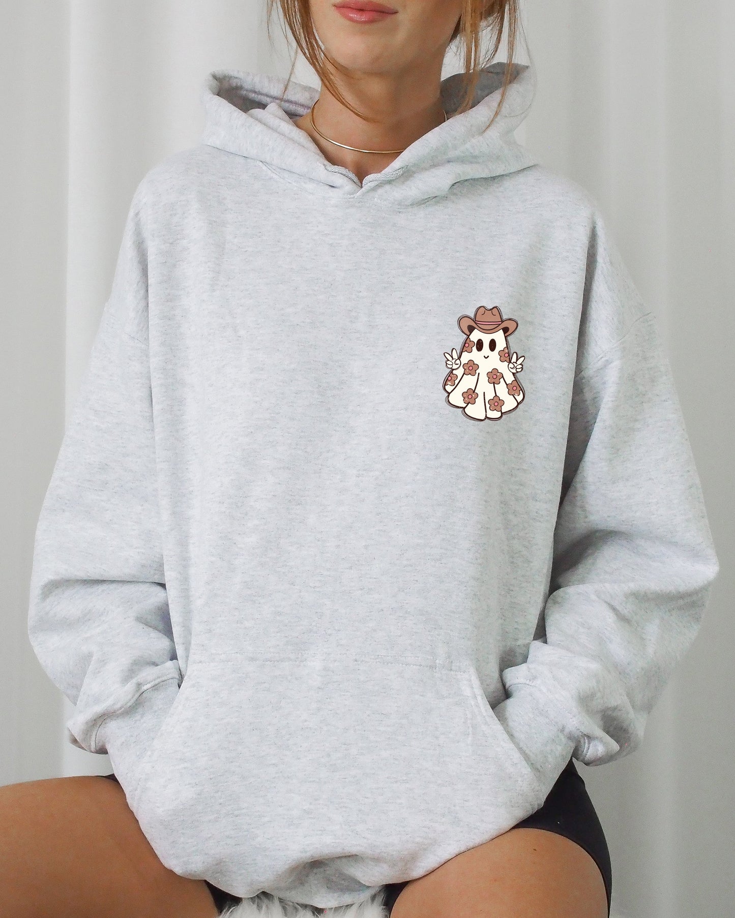 Cute Flower Ghost Pocket Print Halloween Peace Hooded Sweatshirt