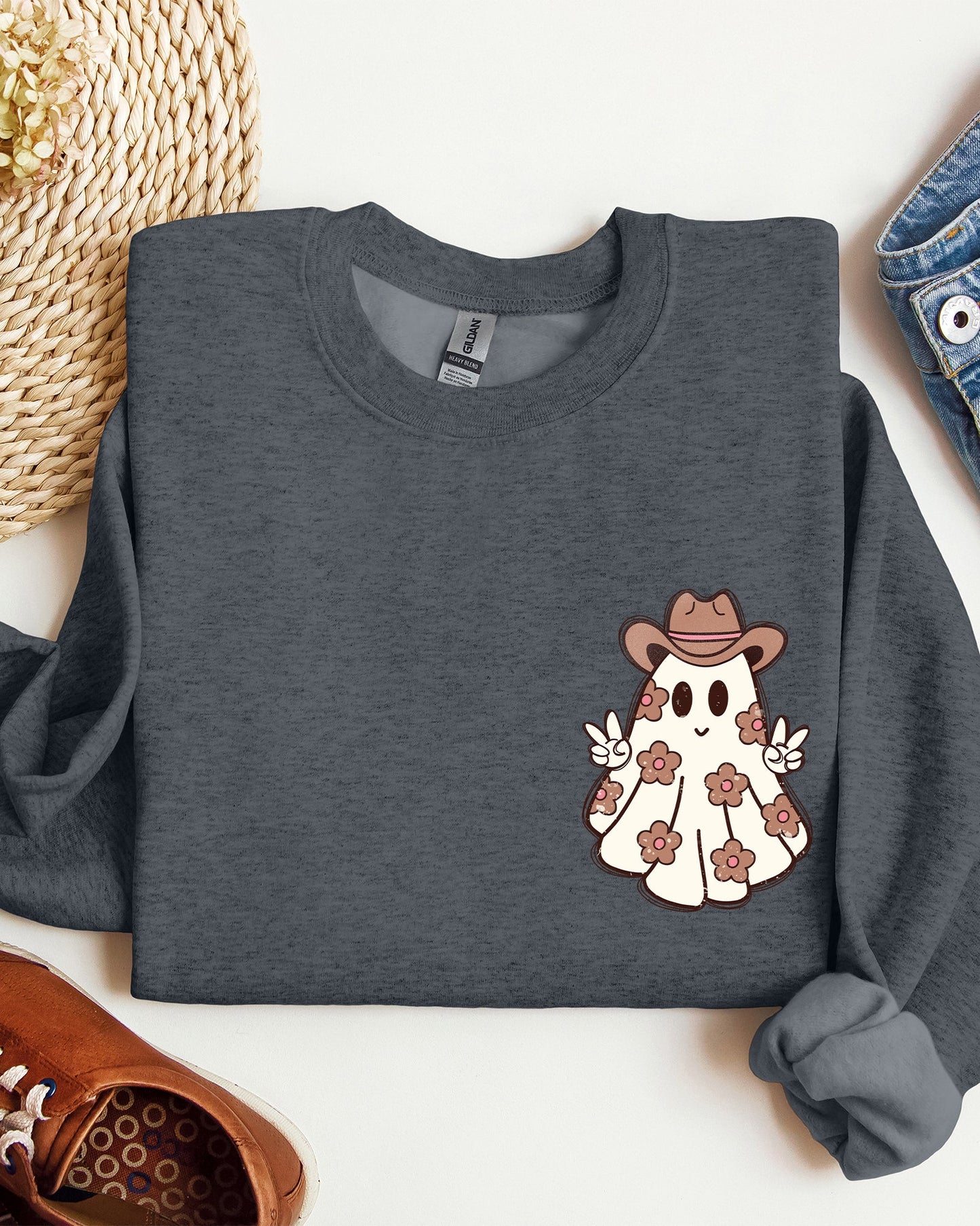 Cute Flower Ghost Pocket Print Halloween Sweatshirt