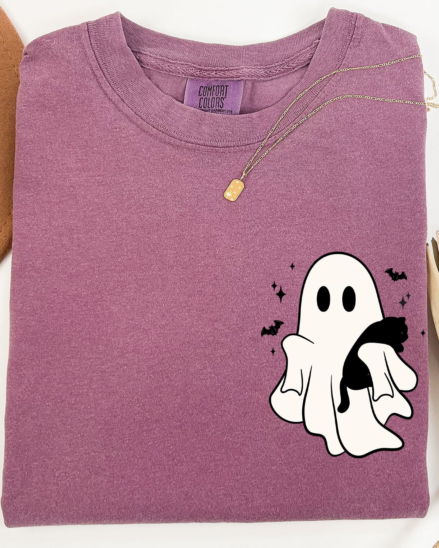 Cute Ghost With Cat Pocket Print Halloween Black Cat Witch Shirt Comfort Colors T-Shirt