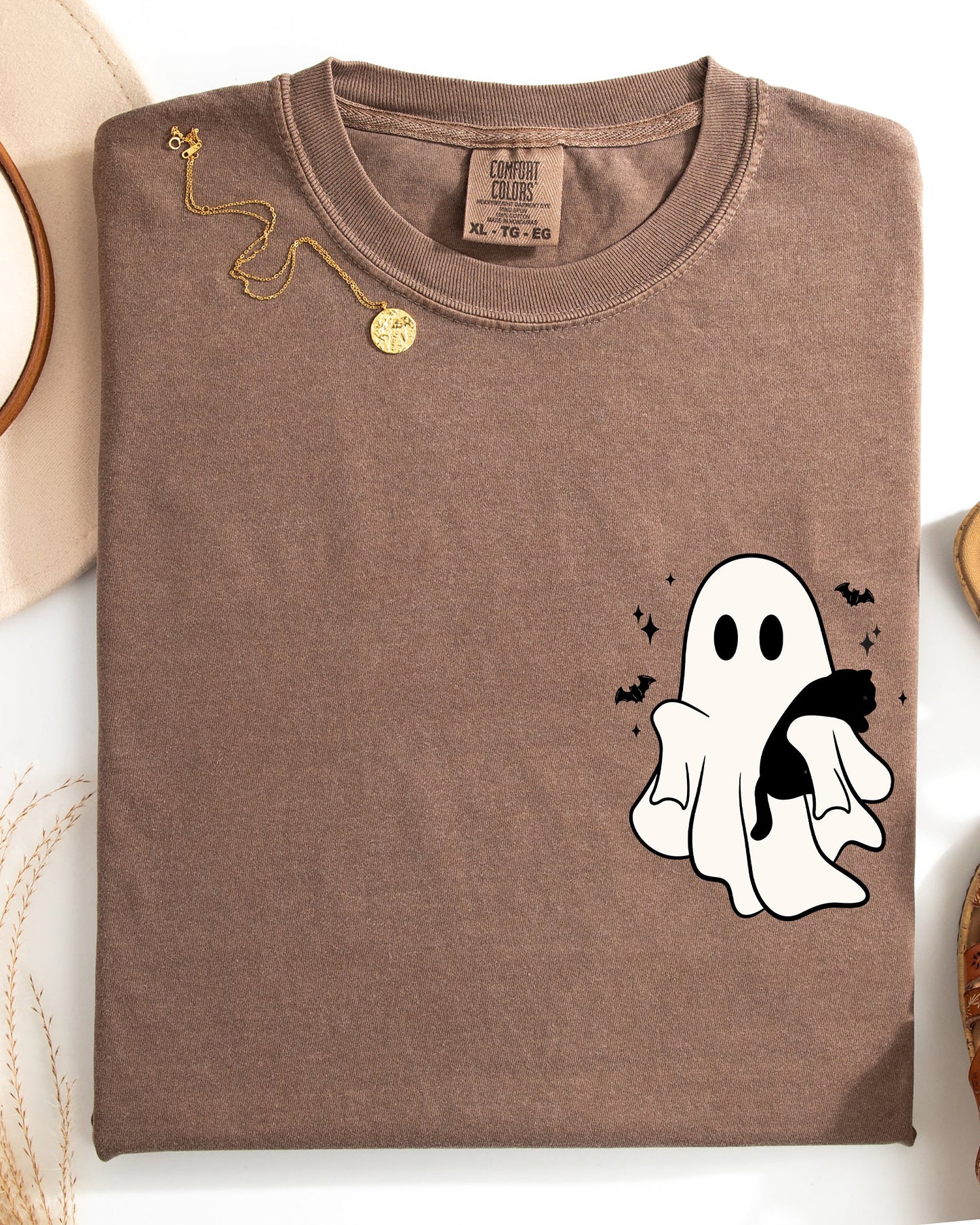 Cute Ghost With Cat Pocket Print Halloween Black Cat Witch Shirt Comfort Colors T-Shirt
