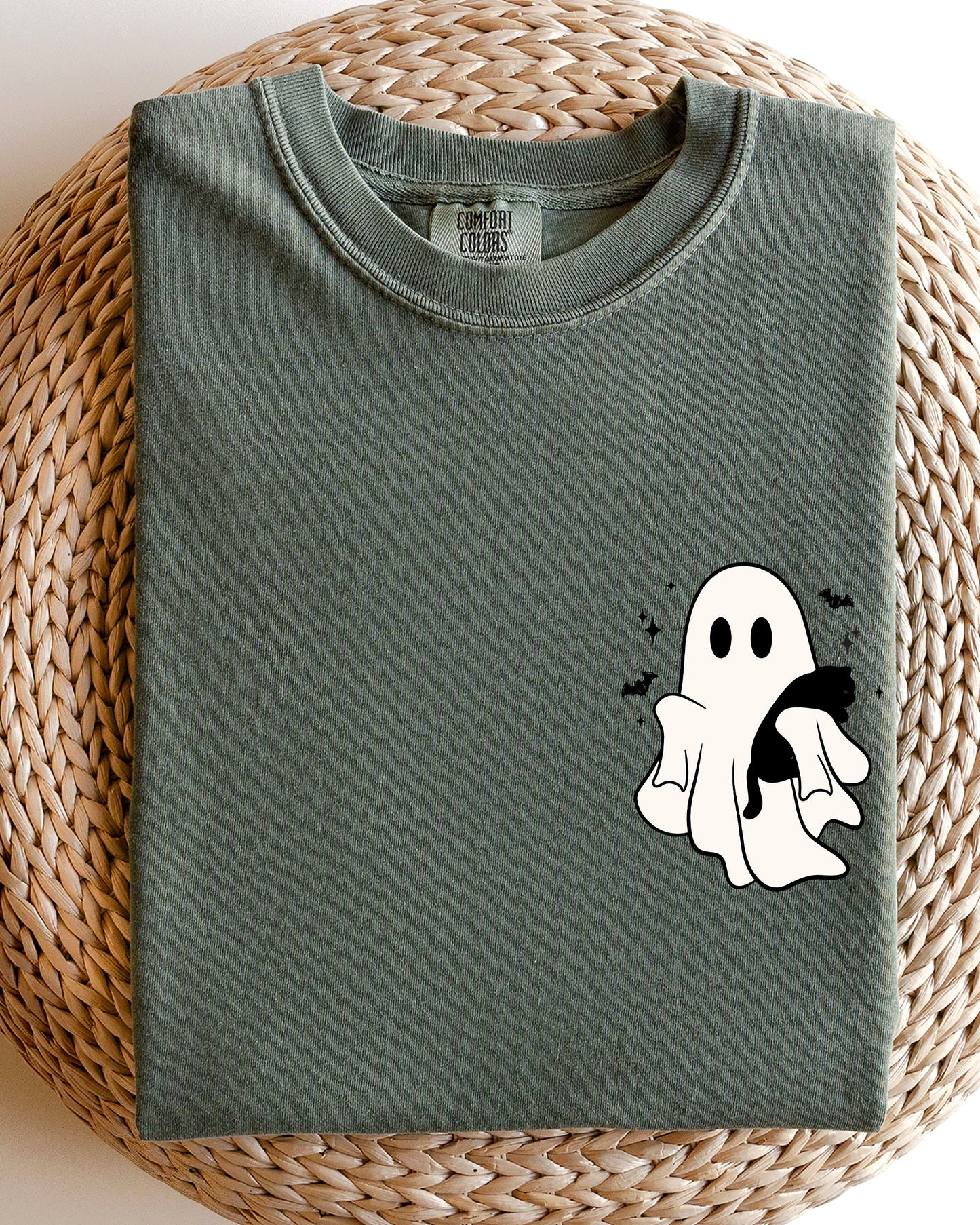 Cute Ghost With Cat Pocket Print Halloween Black Cat Witch Shirt Comfort Colors T-Shirt