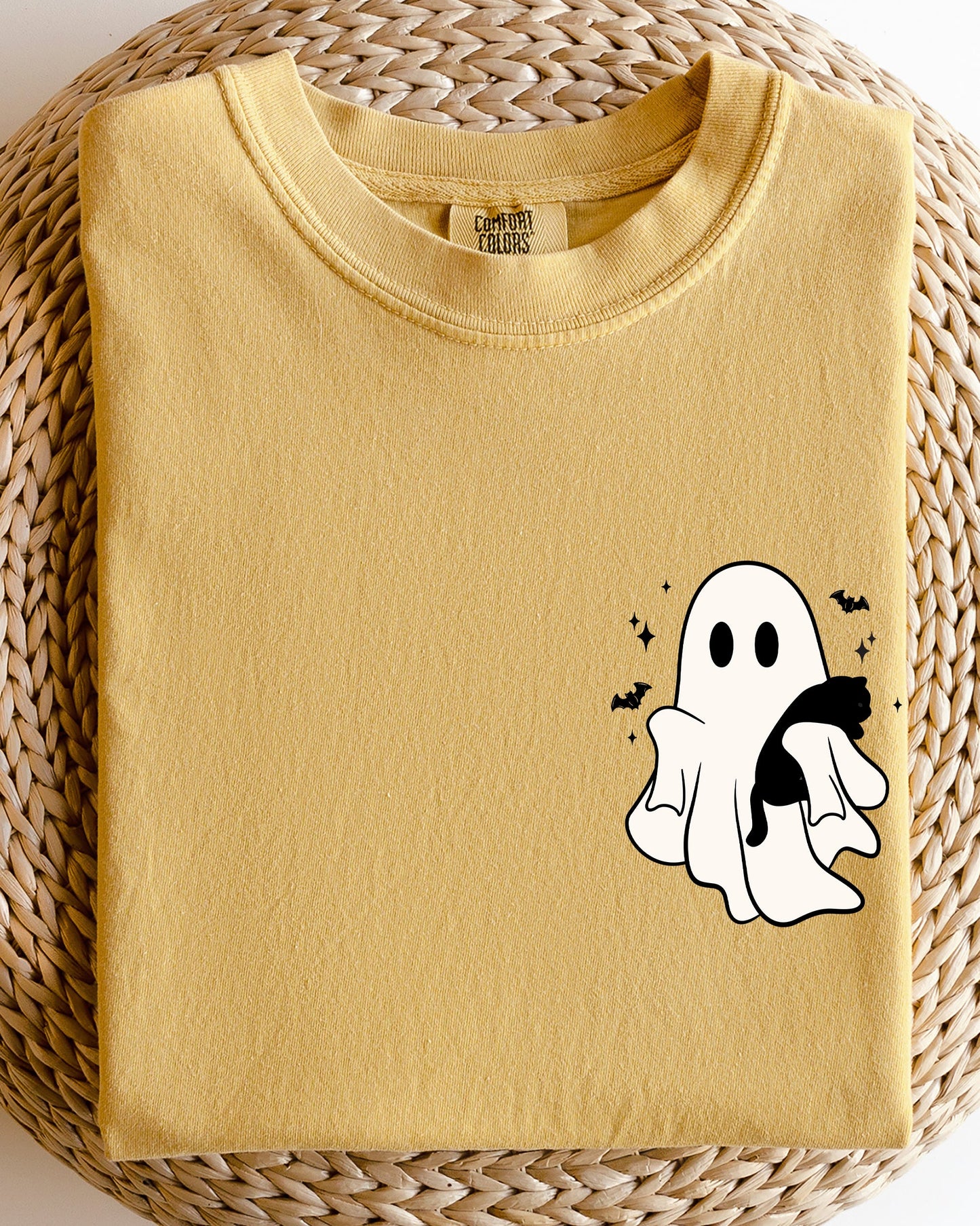 Cute Ghost With Cat Pocket Print Halloween Black Cat Witch Shirt Comfort Colors T-Shirt