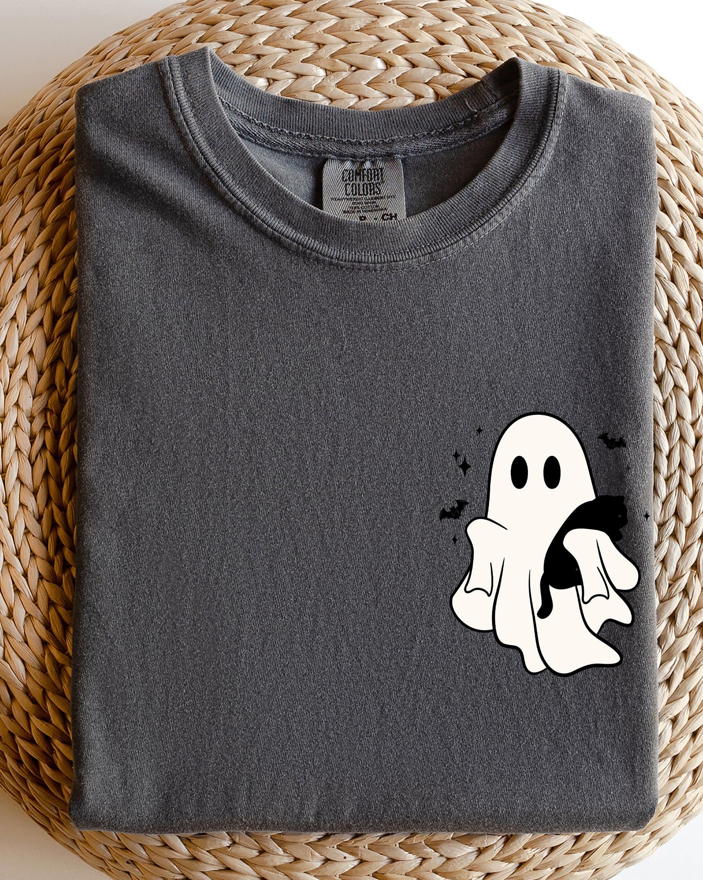 Cute Ghost With Cat Pocket Print Halloween Black Cat Witch Shirt Comfort Colors T-Shirt
