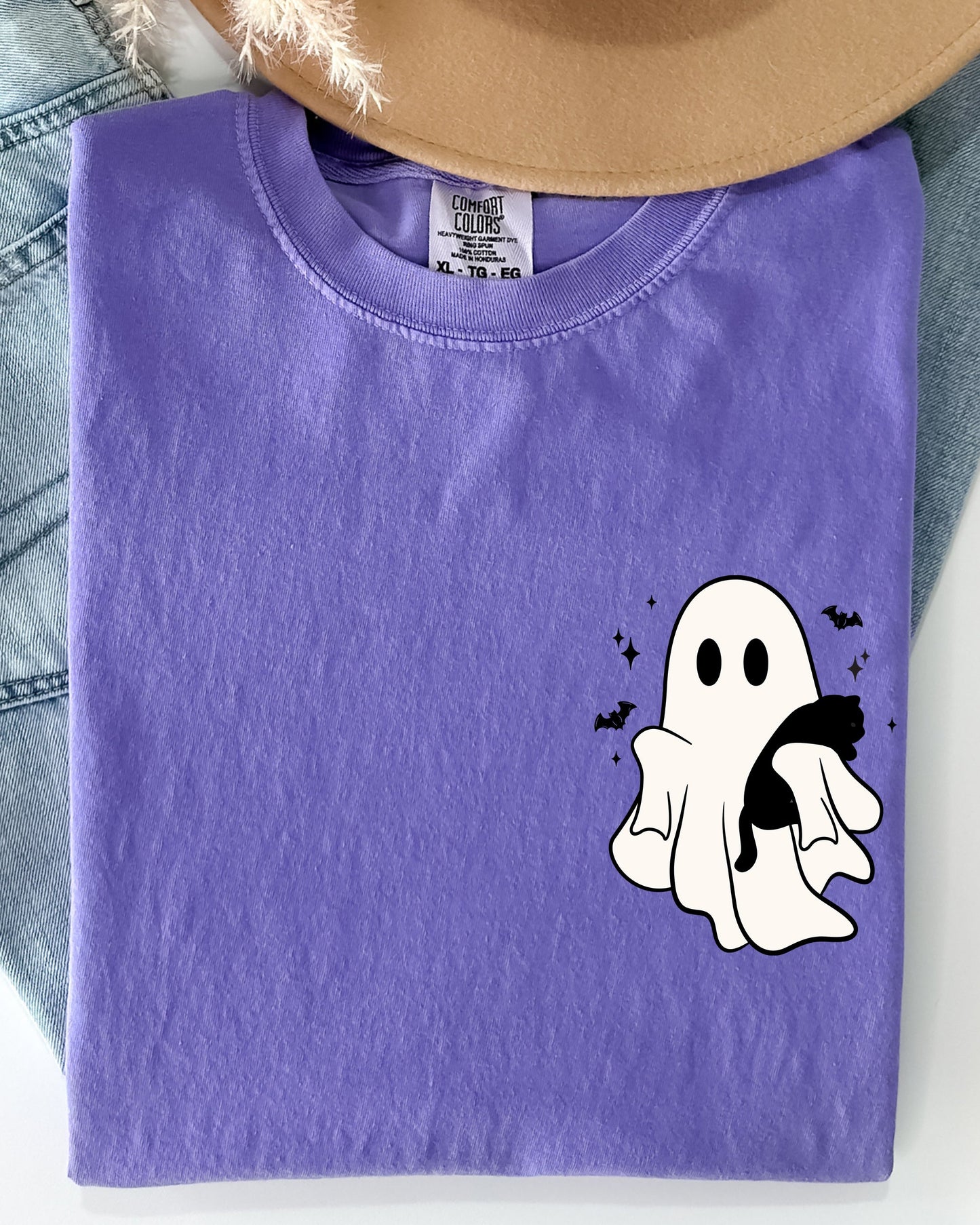 Cute Ghost With Cat Pocket Print Halloween Black Cat Witch Shirt Comfort Colors T-Shirt