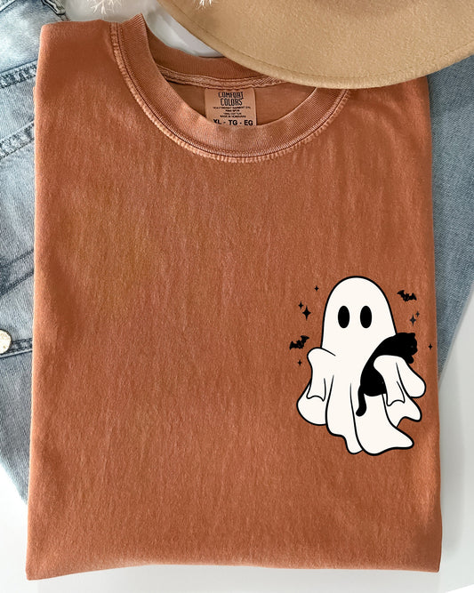 Cute Ghost With Cat Pocket Print Halloween Black Cat Witch Shirt Comfort Colors T-Shirt
