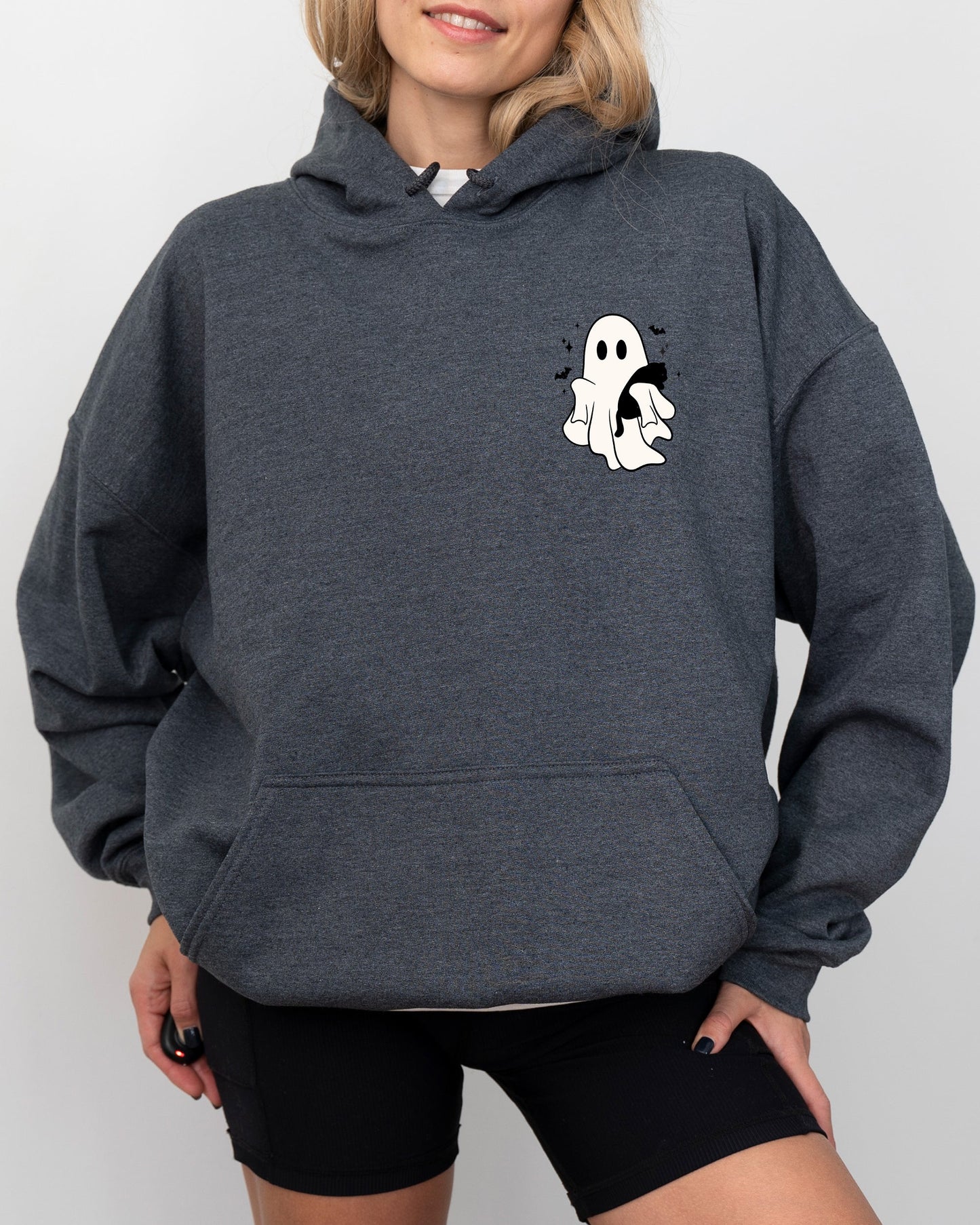 Cute Ghost With Cat Halloween Pocket Print Witch Hooded Sweatshirt