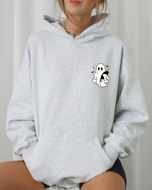 Cute Ghost With Cat Halloween Pocket Print Witch Hooded Sweatshirt