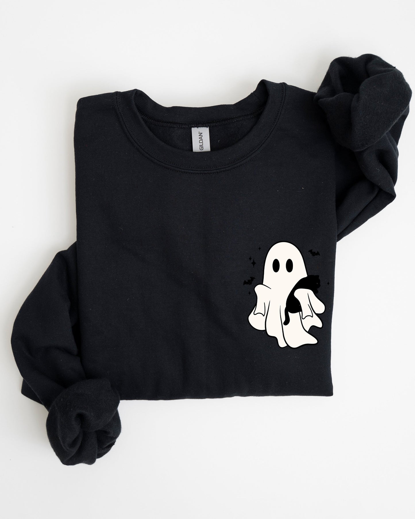 Cute Ghost With Cat Pocket Print Halloween Sweatshirt