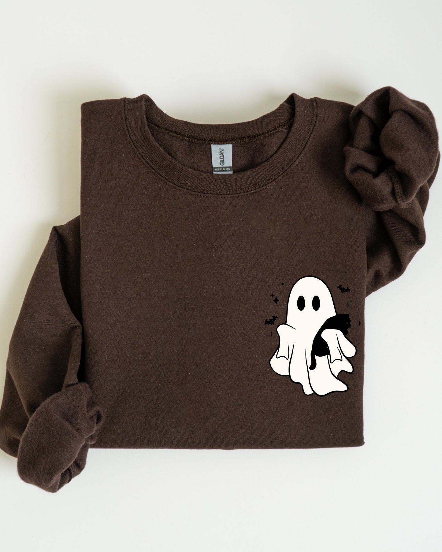 Cute Ghost With Cat Pocket Print Halloween Sweatshirt