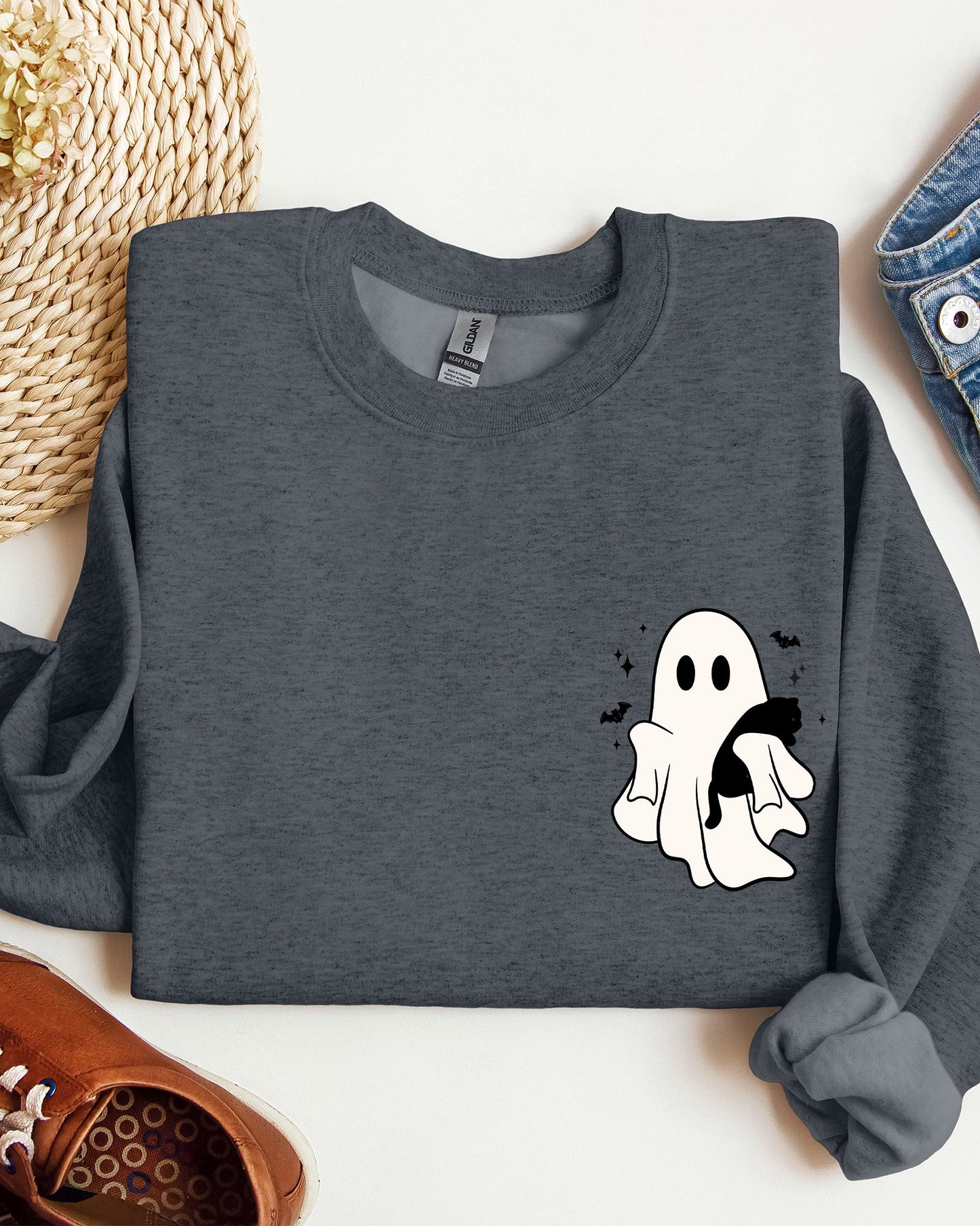 Cute Ghost With Cat Pocket Print Halloween Sweatshirt