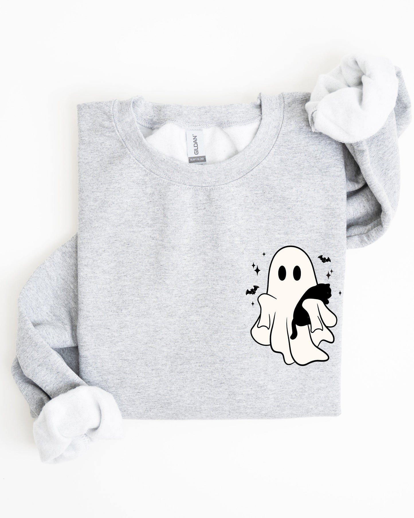 Cute Ghost With Cat Pocket Print Halloween Sweatshirt