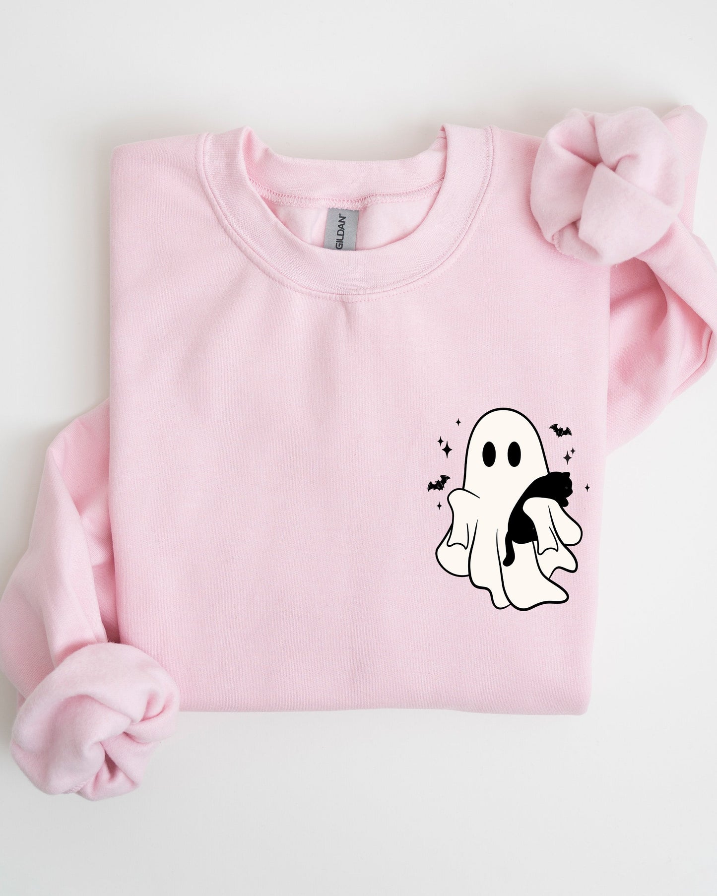 Cute Ghost With Cat Pocket Print Halloween Sweatshirt