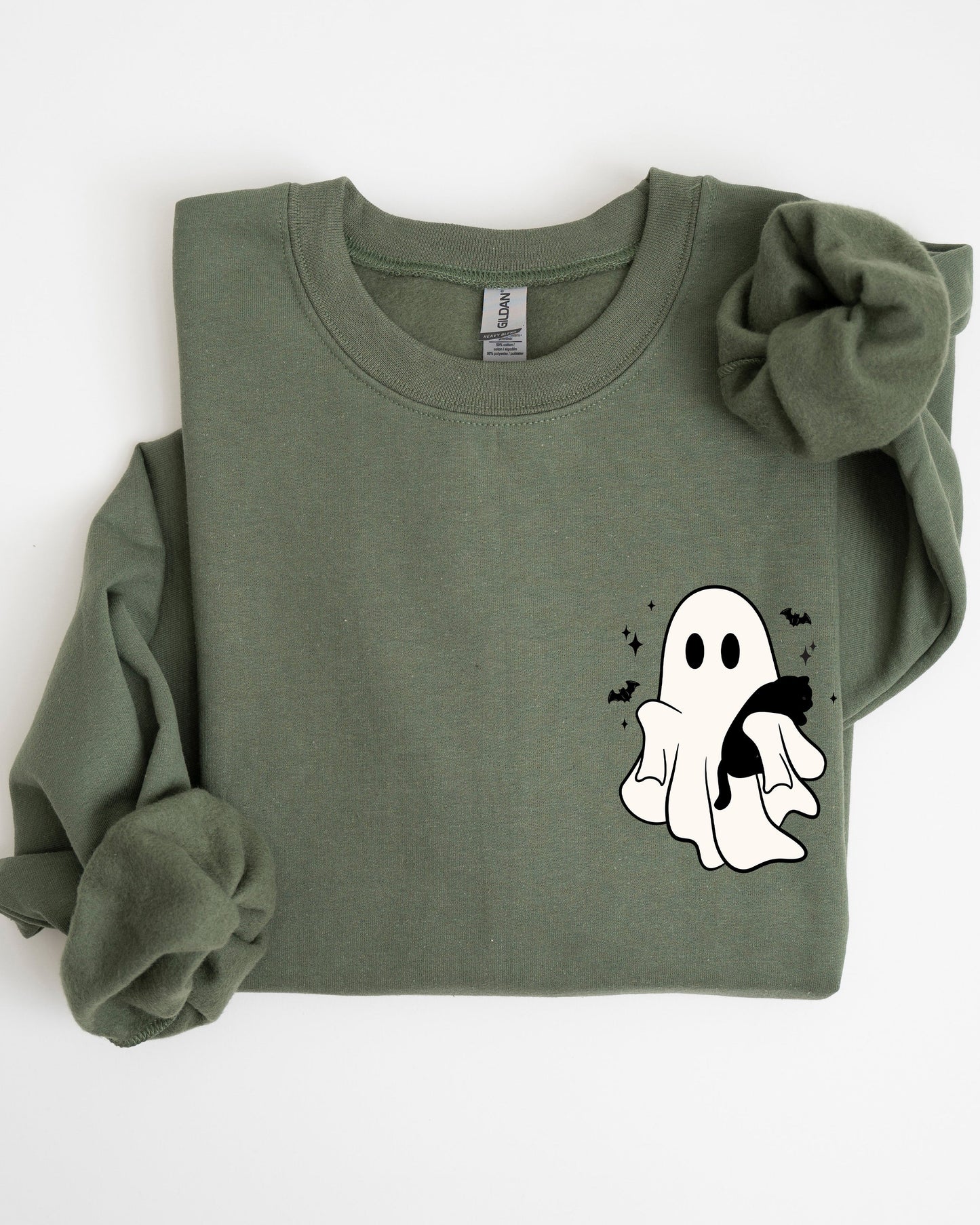 Cute Ghost With Cat Pocket Print Halloween Sweatshirt