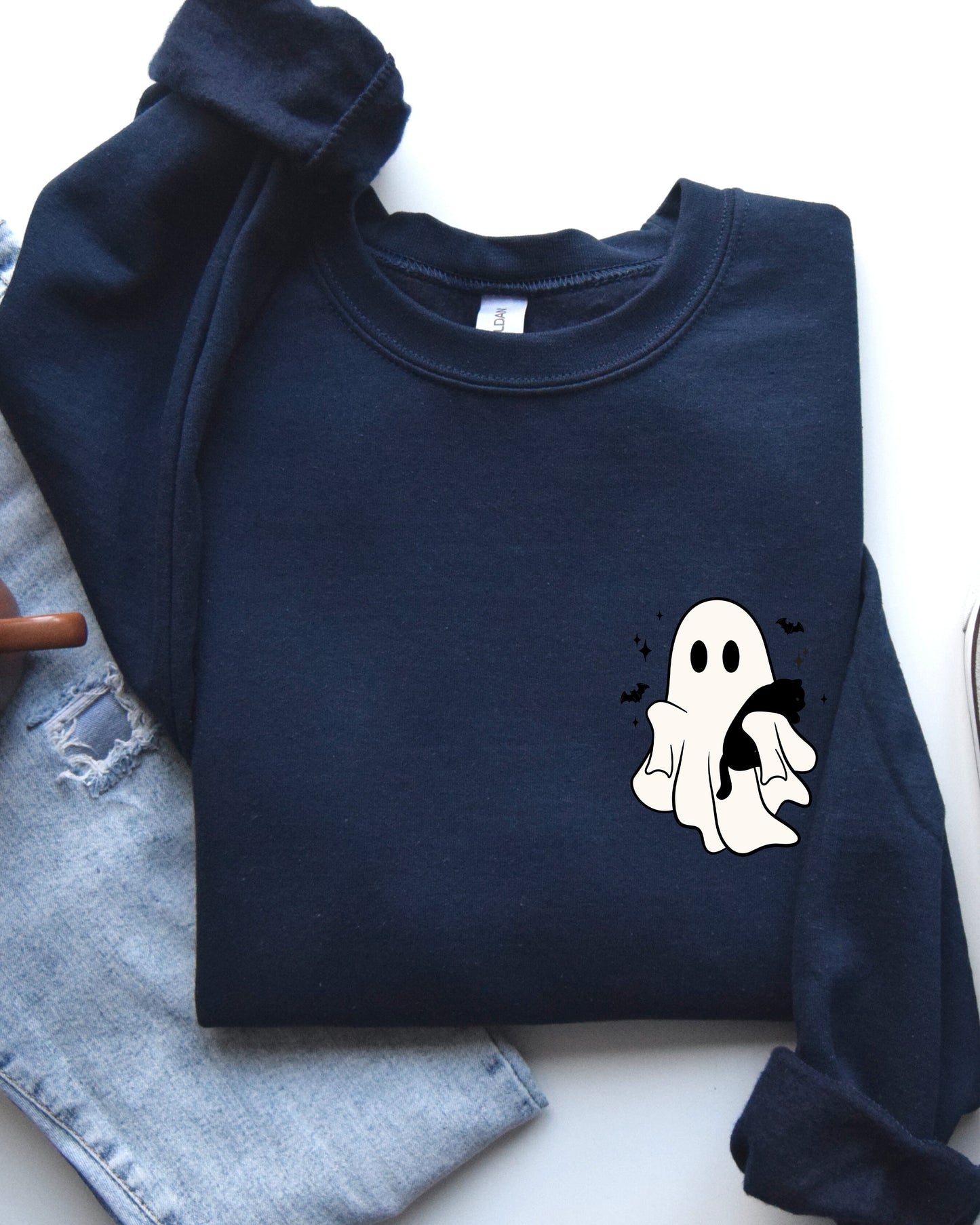 Cute Ghost With Cat Pocket Print Halloween Sweatshirt