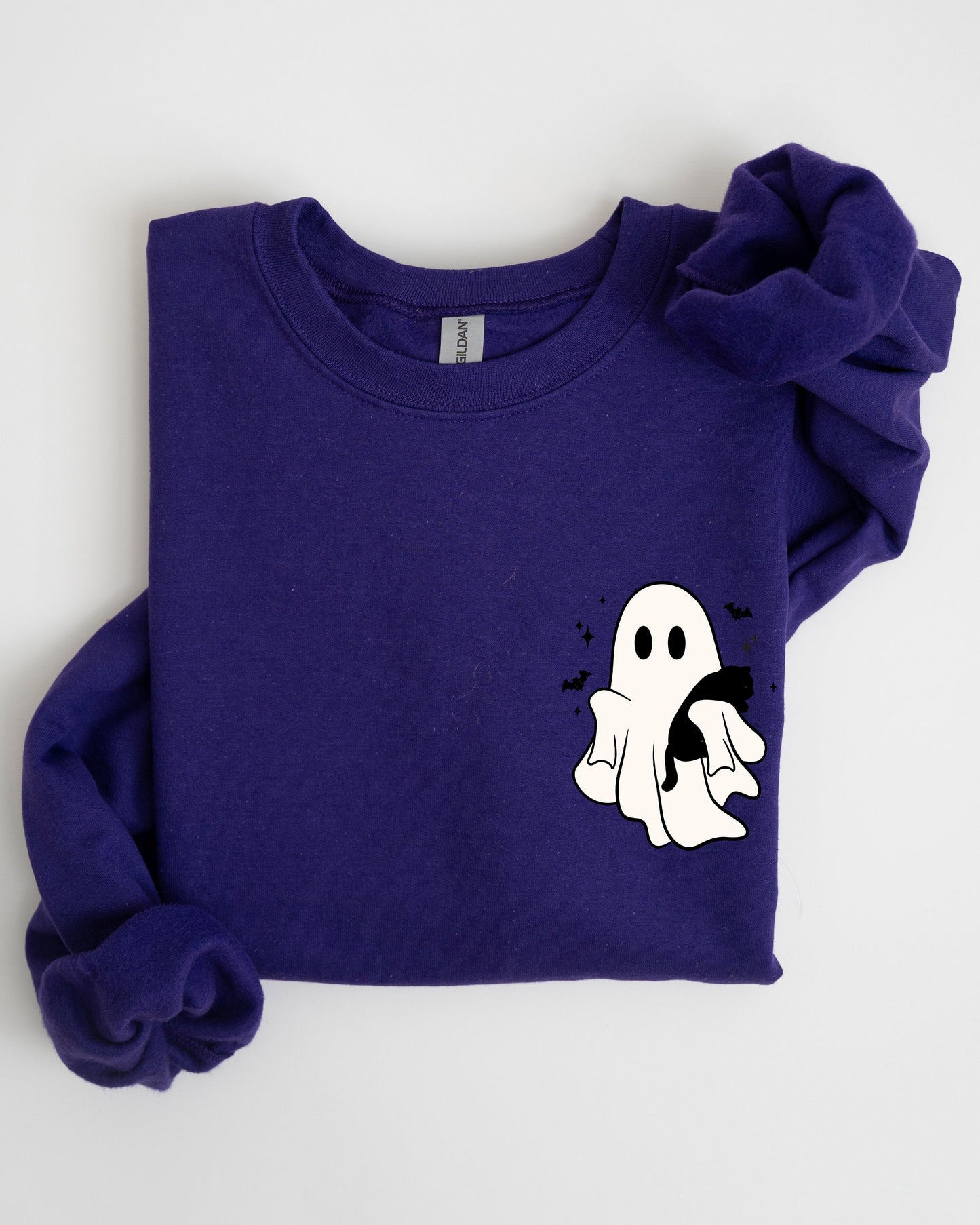 Cute Ghost With Cat Pocket Print Halloween Sweatshirt