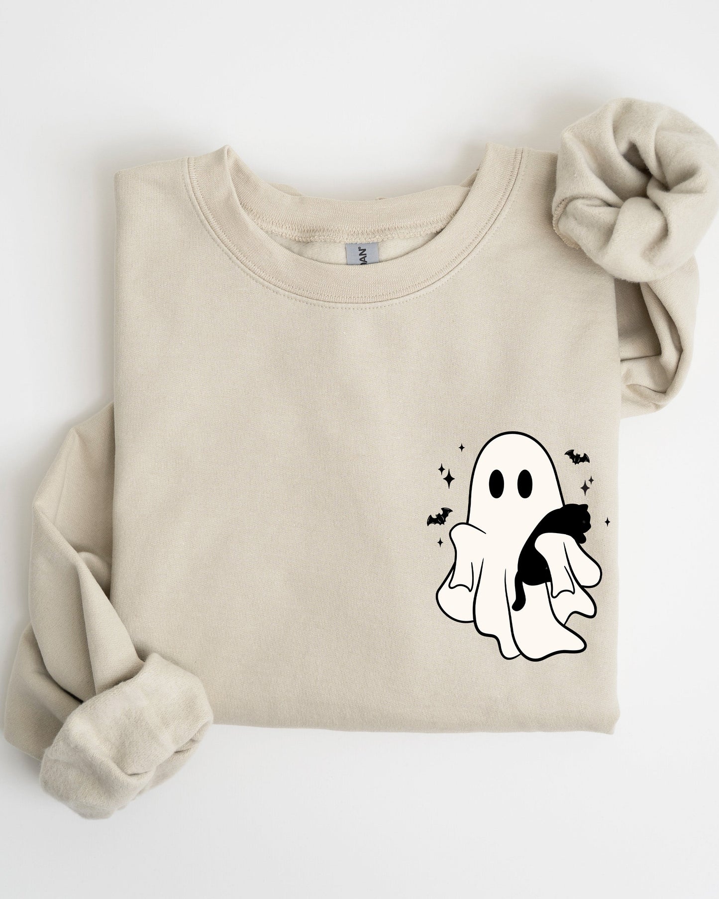 Cute Ghost With Cat Pocket Print Halloween Sweatshirt