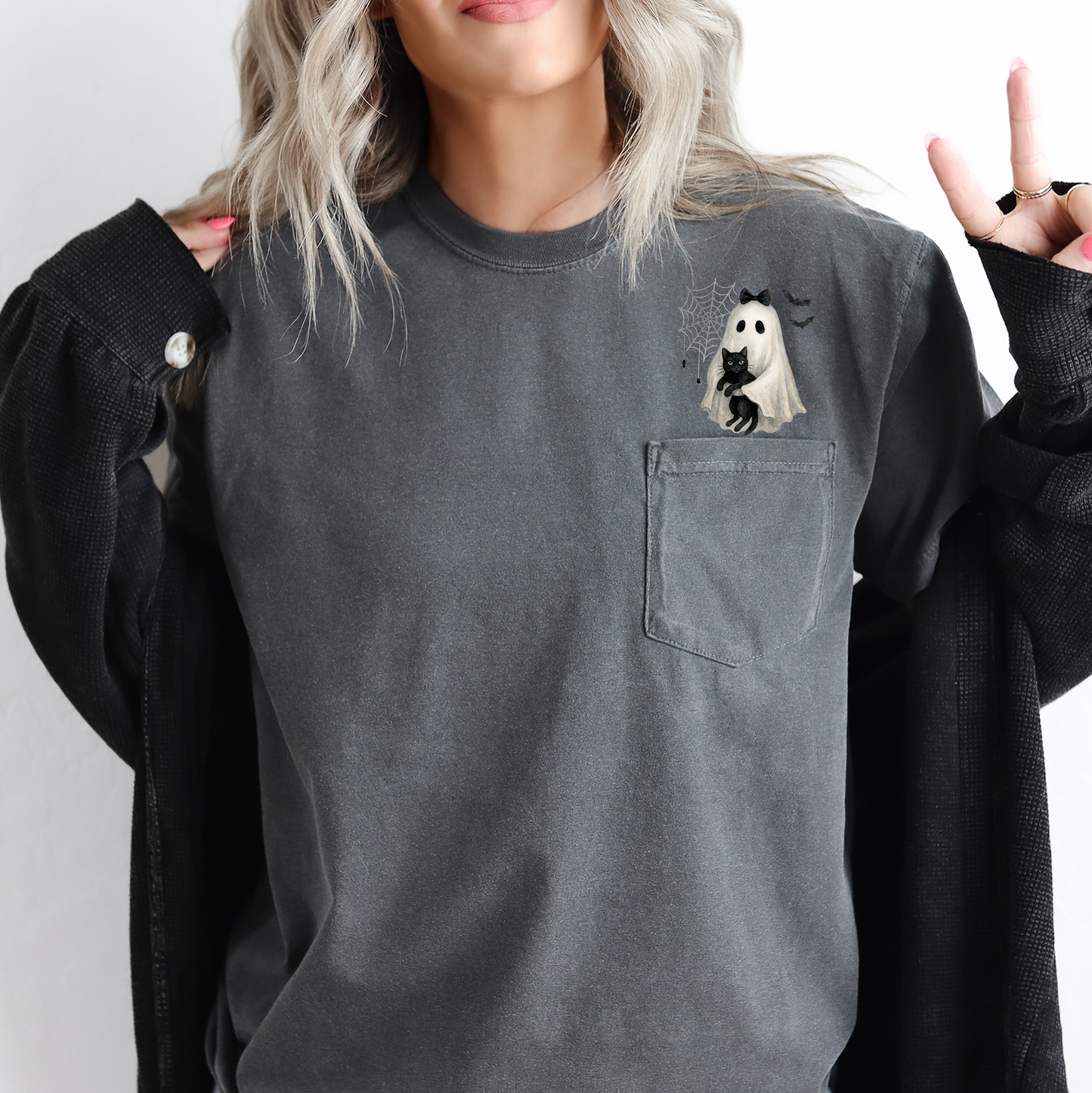 Cute Ghost Black Cat Pocket Comfort Colors T-Shirt Refinery Number One