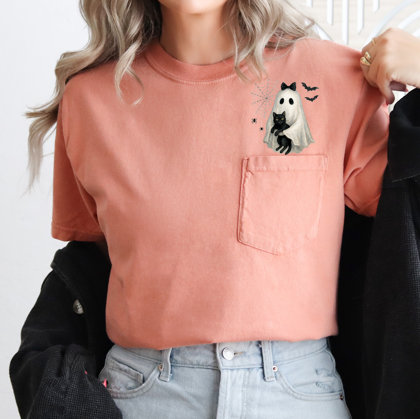 Cute Ghost Black Cat Pocket Comfort Colors T-Shirt Refinery Number One