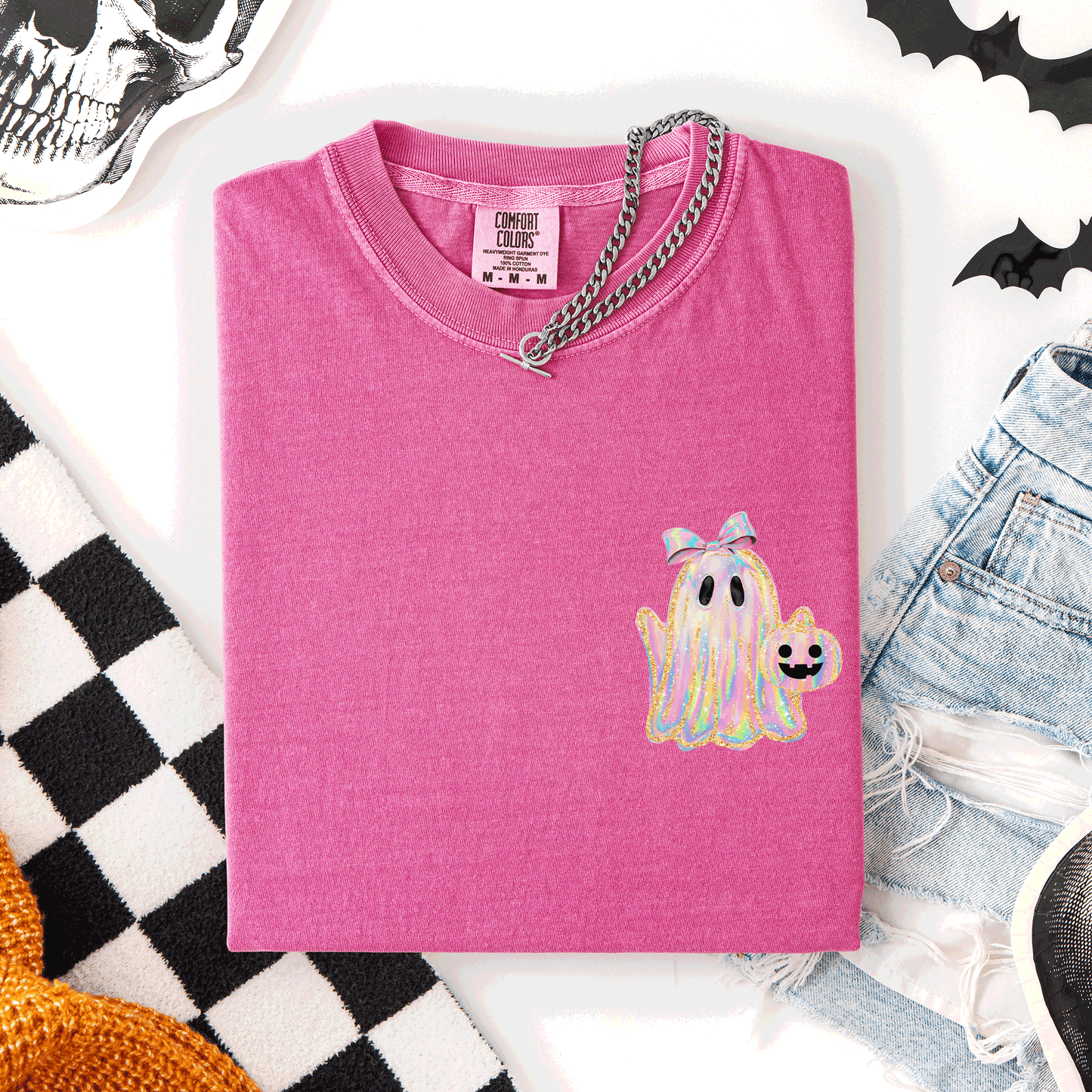 Cute Ghost Faux Glitter Ribbon Pocket Comfort Colors T-Shirt Refinery Number One