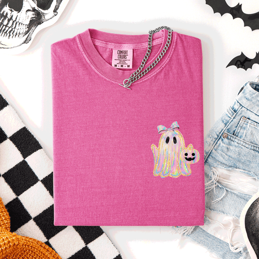 Cute Ghost Faux Glitter Ribbon Pocket Comfort Colors T-Shirt Refinery Number One