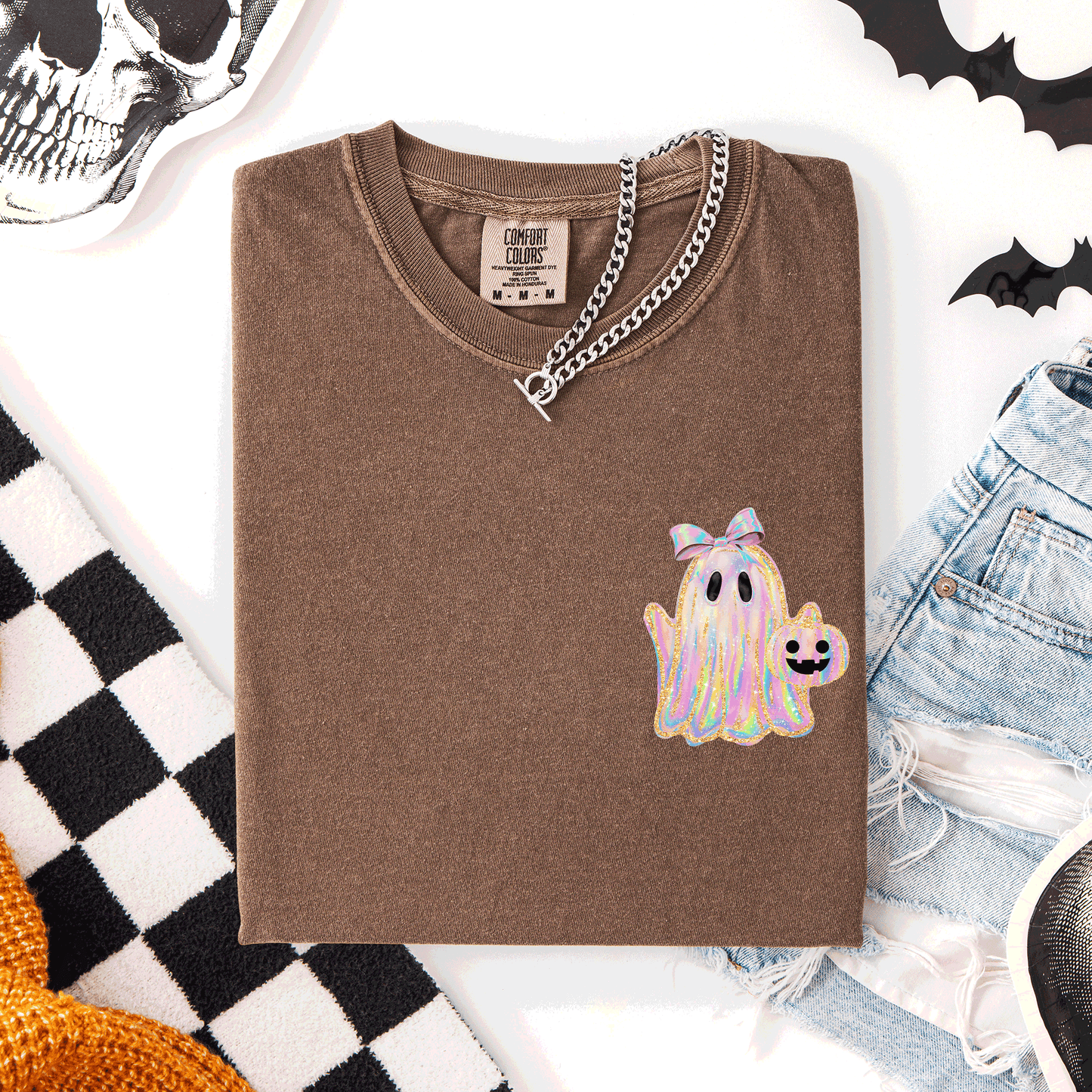 Cute Ghost Faux Glitter Ribbon Pocket Comfort Colors T-Shirt Refinery Number One