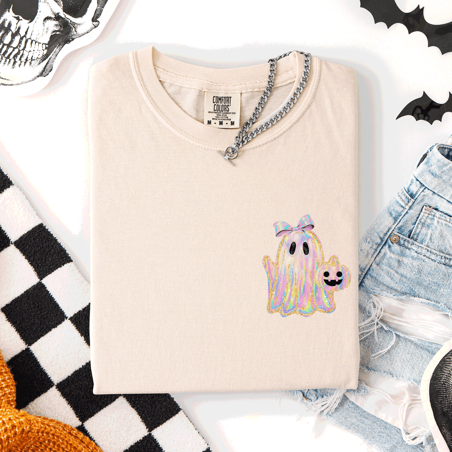 Cute Ghost Faux Glitter Ribbon Pocket Comfort Colors T-Shirt Refinery Number One