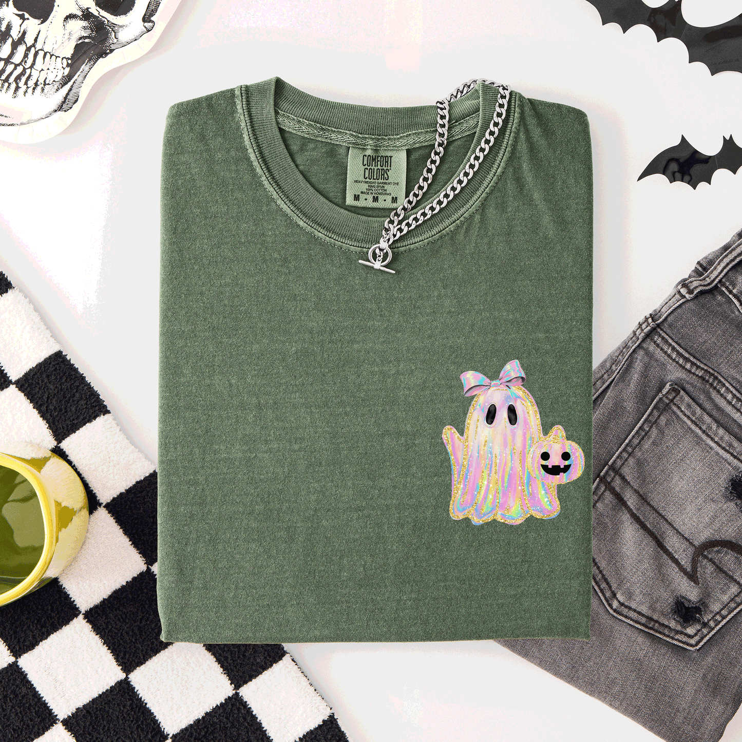 Cute Ghost Faux Glitter Ribbon Pocket Comfort Colors T-Shirt Refinery Number One