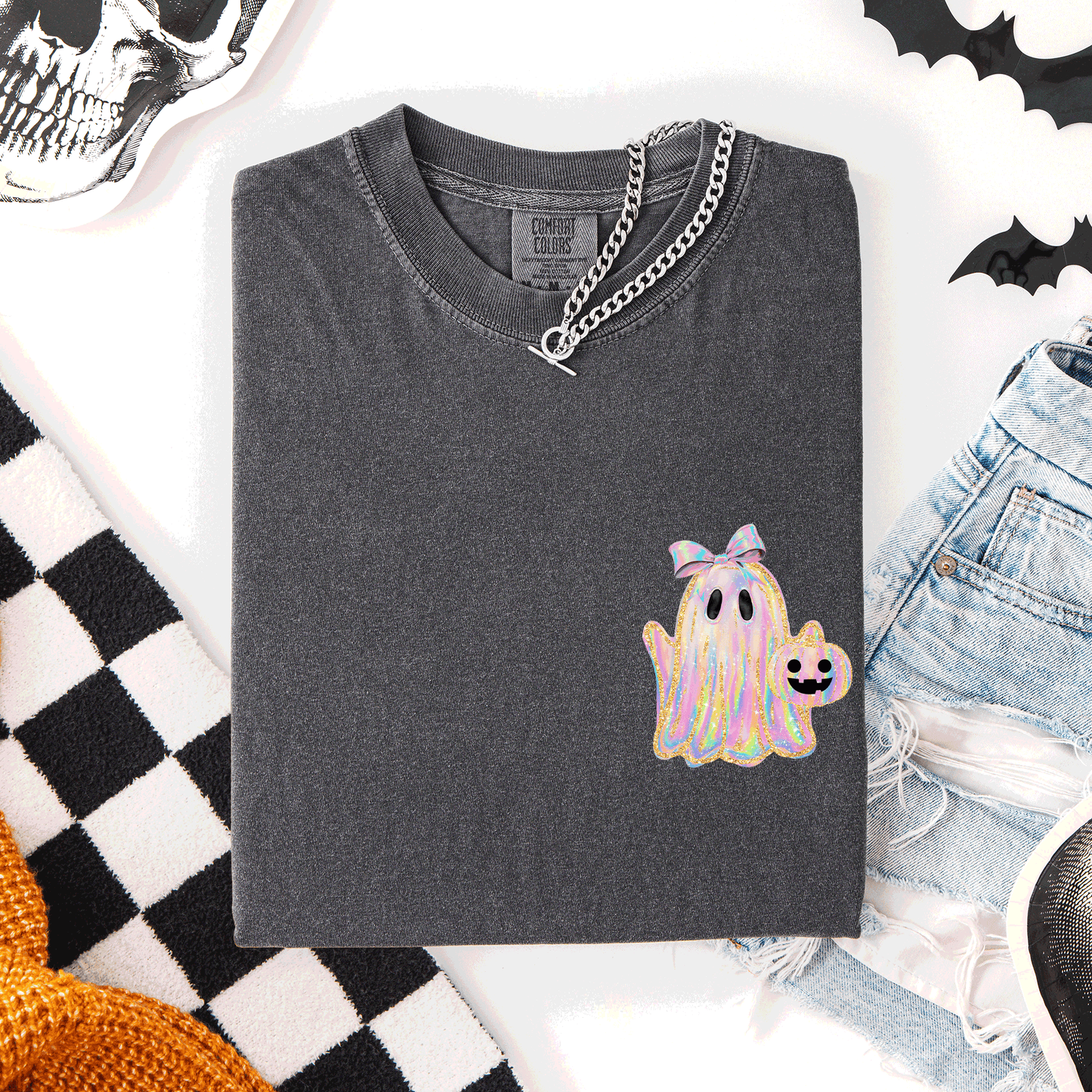 Cute Ghost Faux Glitter Ribbon Pocket Comfort Colors T-Shirt Refinery Number One