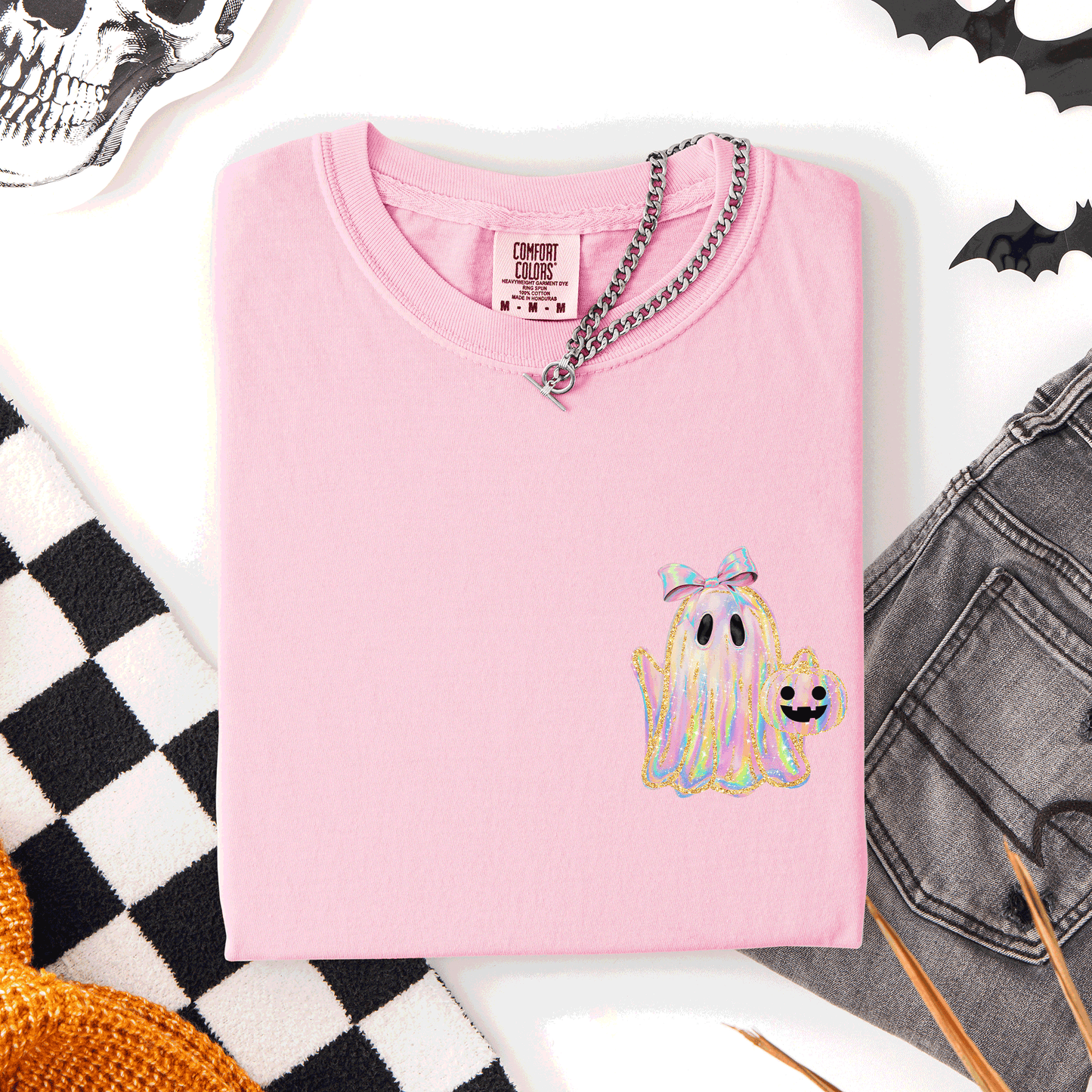 Cute Ghost Faux Glitter Ribbon Pocket Comfort Colors T-Shirt Refinery Number One