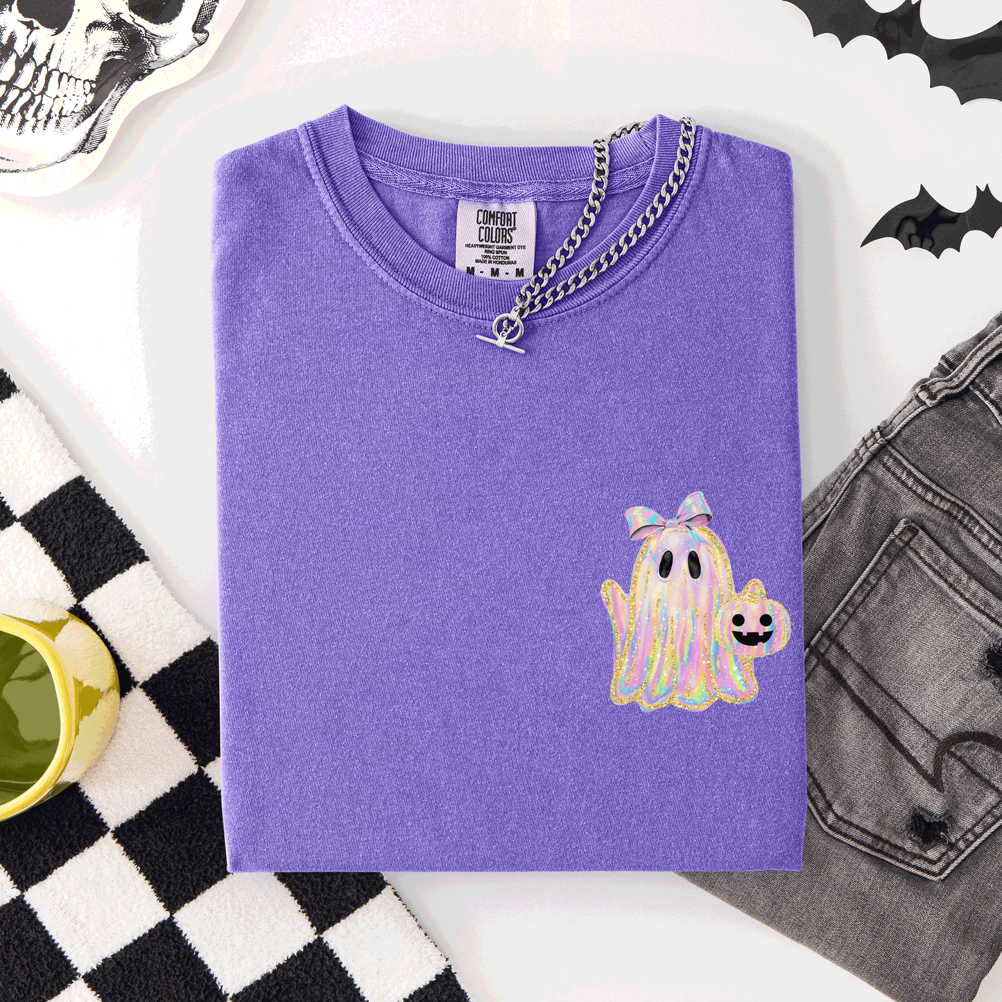 Cute Ghost Faux Glitter Ribbon Pocket Comfort Colors T-Shirt Refinery Number One