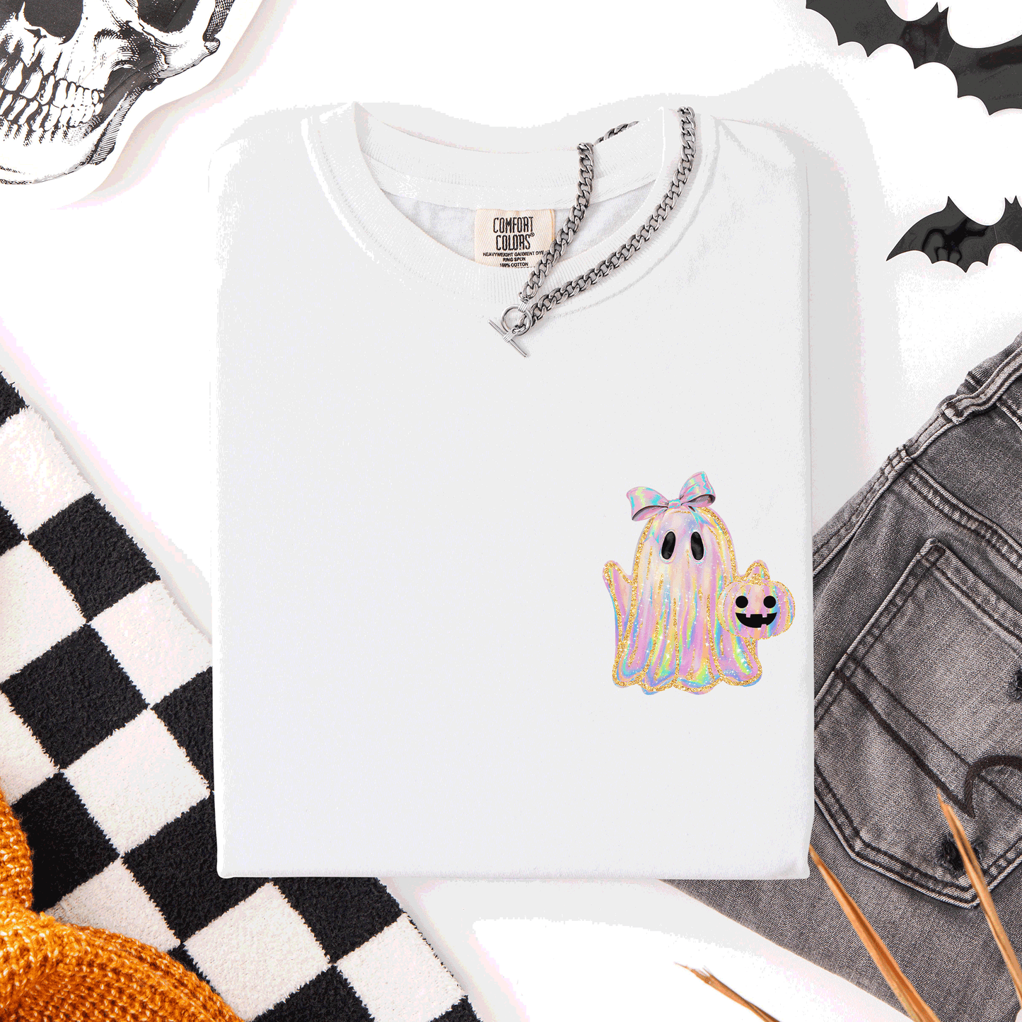 Cute Ghost Faux Glitter Ribbon Pocket Comfort Colors T-Shirt Refinery Number One