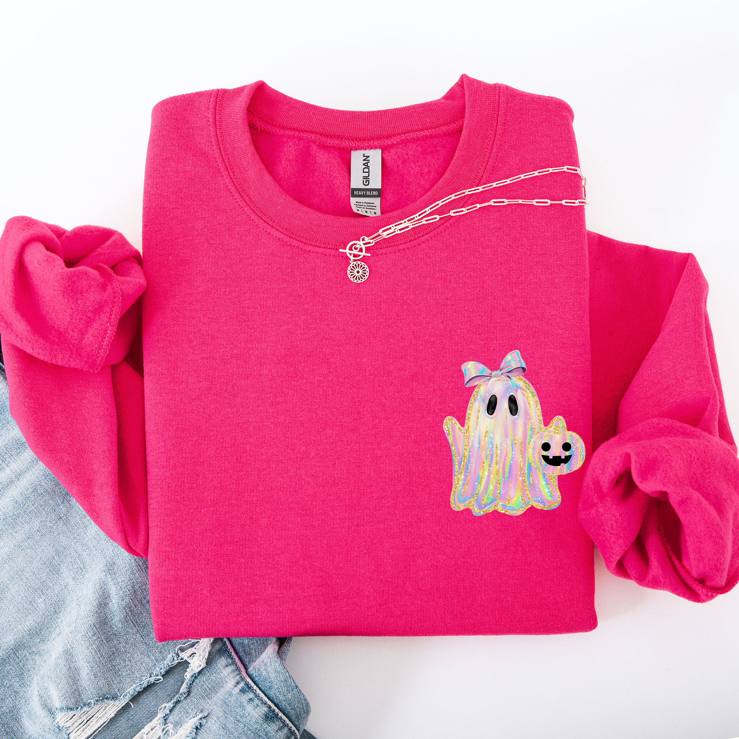 Cute Ghost Faux Glitter Pocket Sweatshirt Halloween Coquette Ribbon
