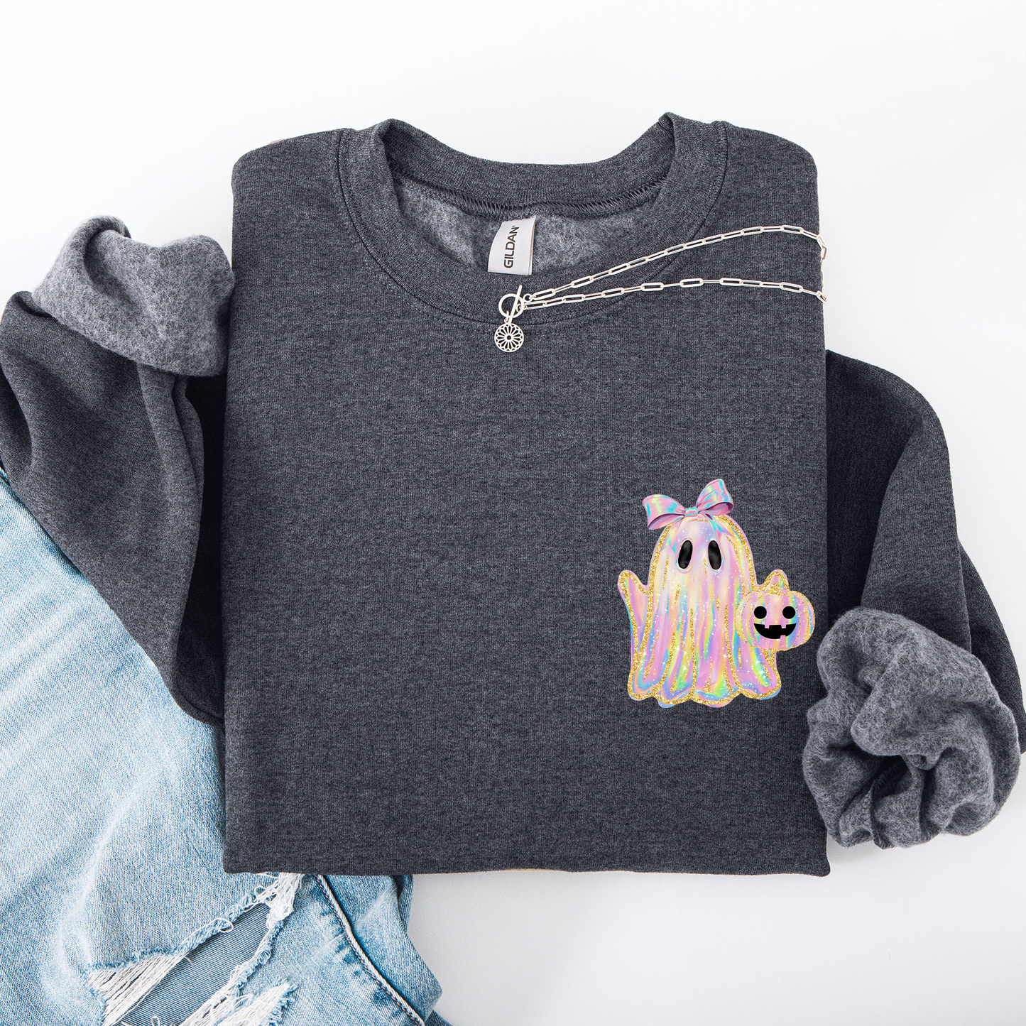 Cute Ghost Faux Glitter Pocket Sweatshirt Halloween Coquette Ribbon
