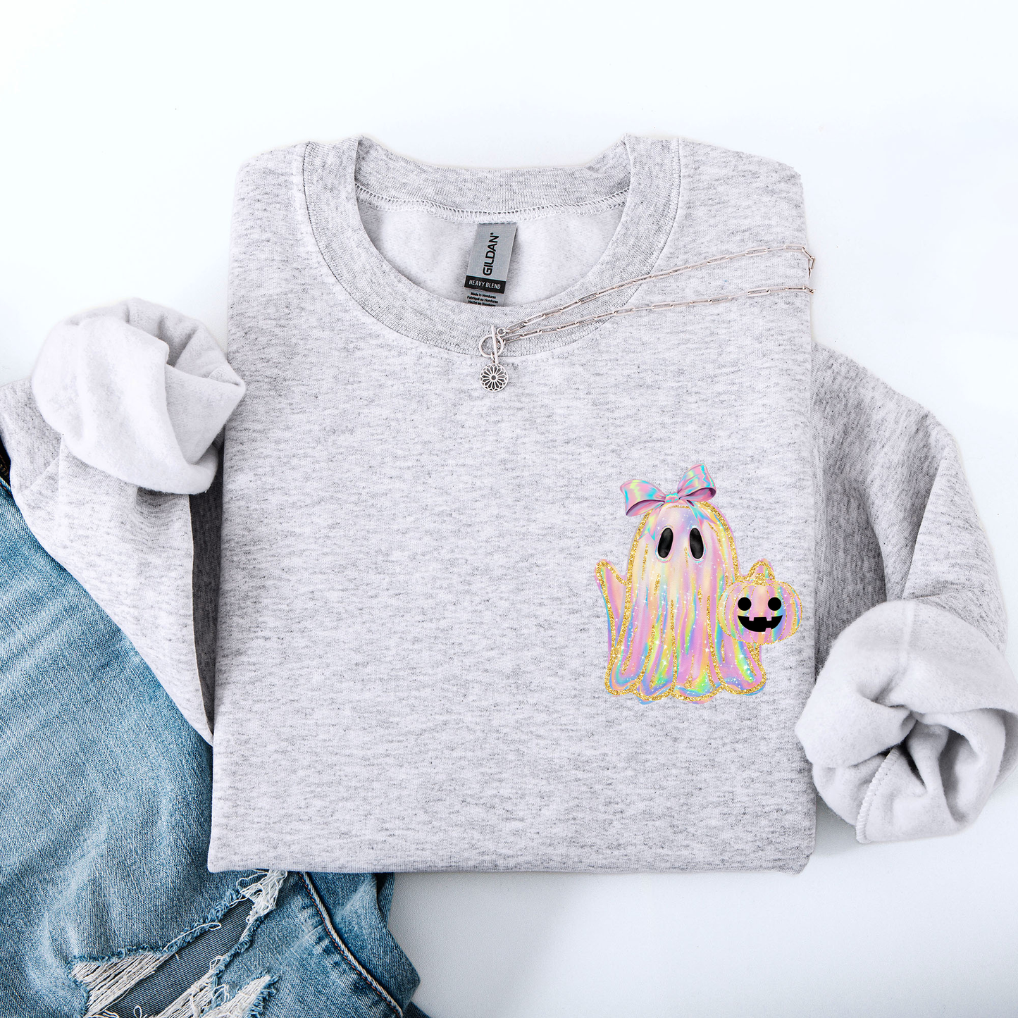 Cute Ghost Faux Glitter Pocket Sweatshirt Halloween Coquette Ribbon