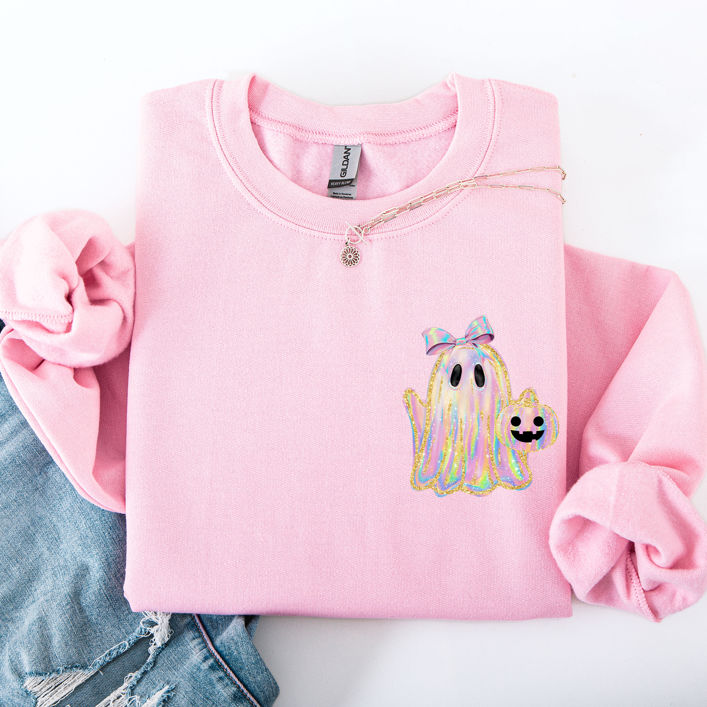 Cute Ghost Faux Glitter Pocket Sweatshirt Halloween Coquette Ribbon