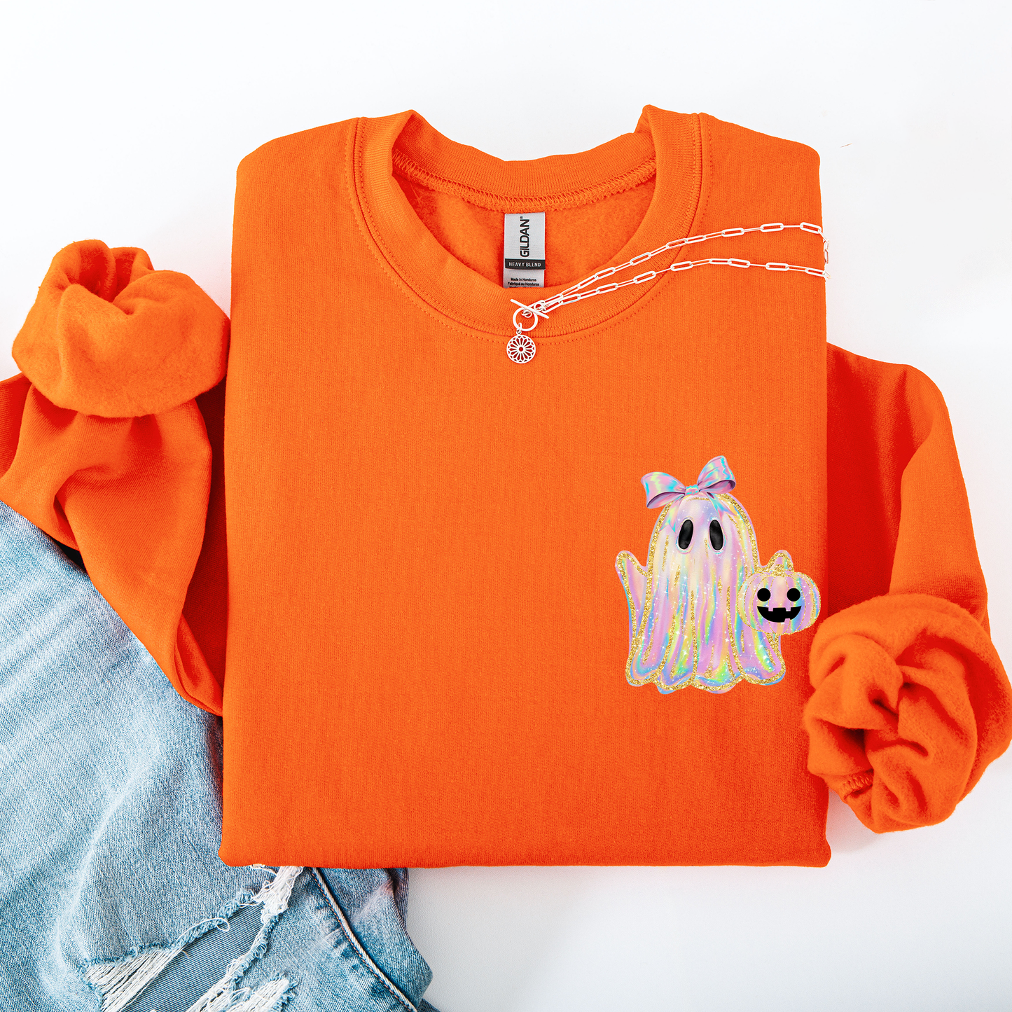 Cute Ghost Faux Glitter Pocket Sweatshirt Halloween Coquette Ribbon