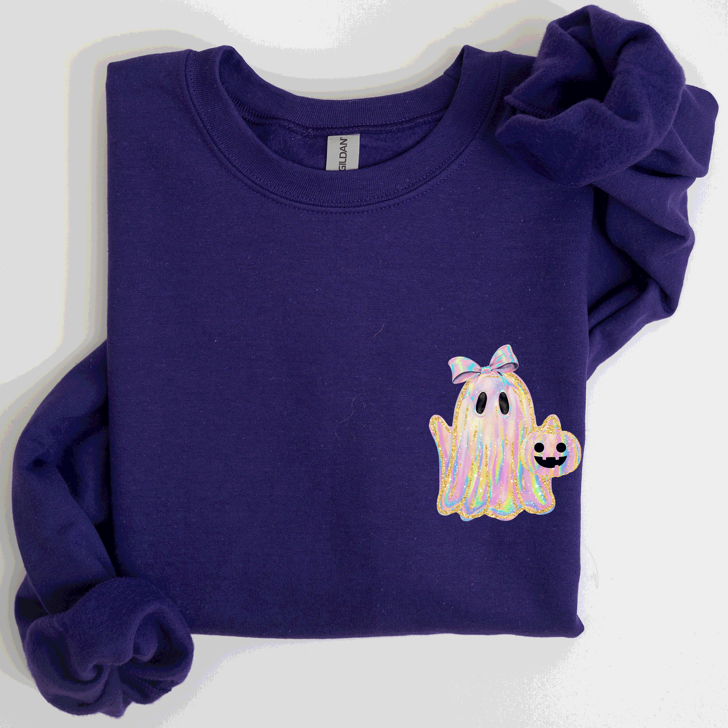 Cute Ghost Faux Glitter Pocket Sweatshirt Halloween Coquette Ribbon