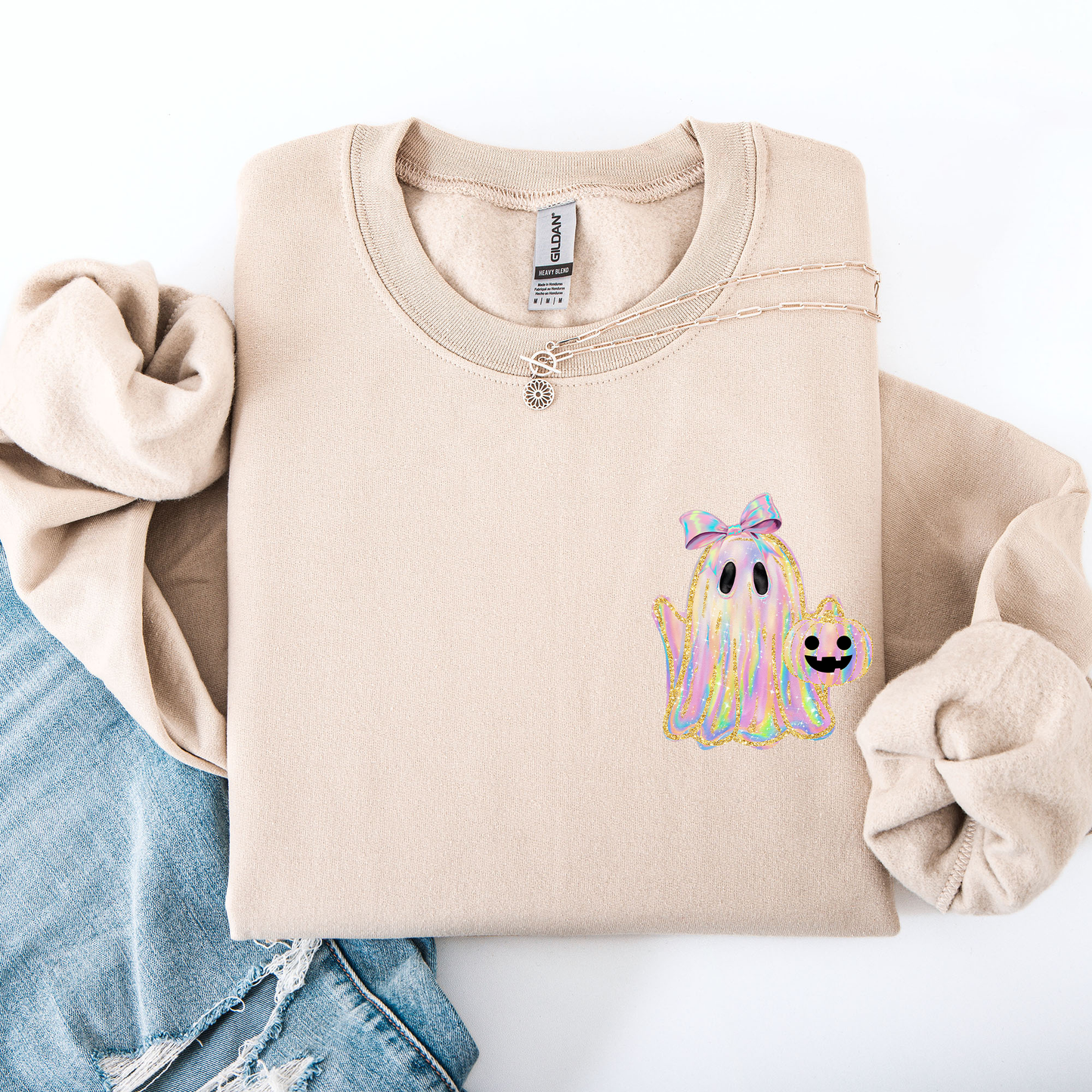 Cute Ghost Faux Glitter Pocket Sweatshirt Halloween Coquette Ribbon