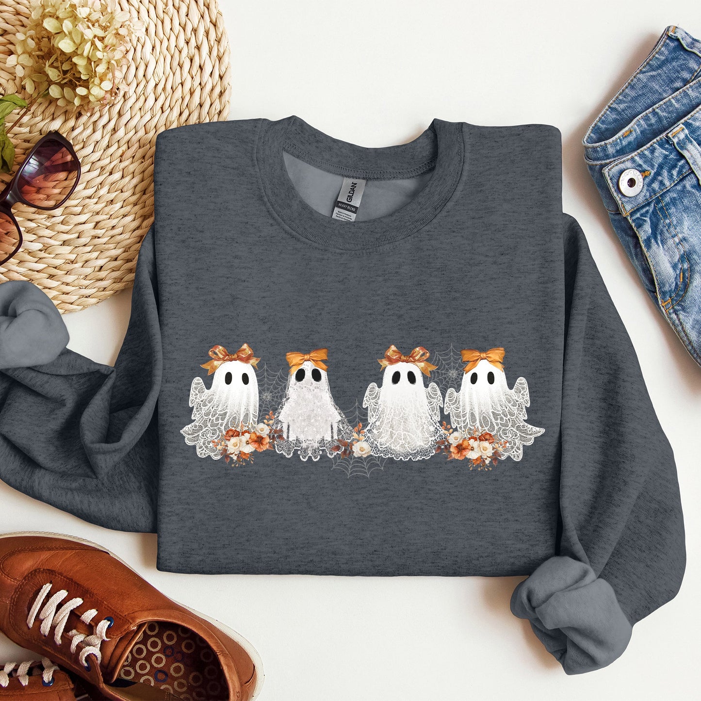 Cute Ghosts Lace Halloween Sweatshirt Girly Coquette Bow Ribbon