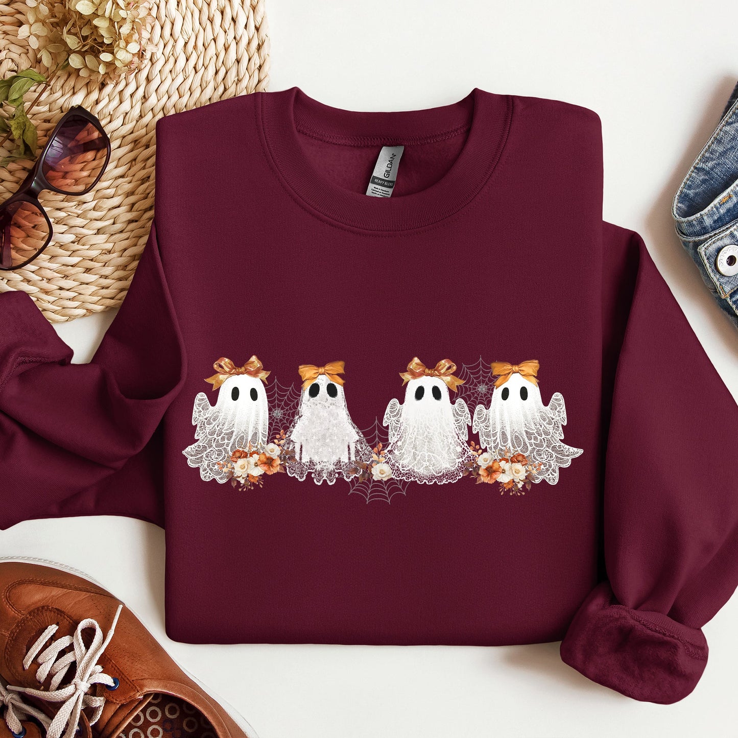 Cute Ghosts Lace Halloween Sweatshirt Girly Coquette Bow Ribbon