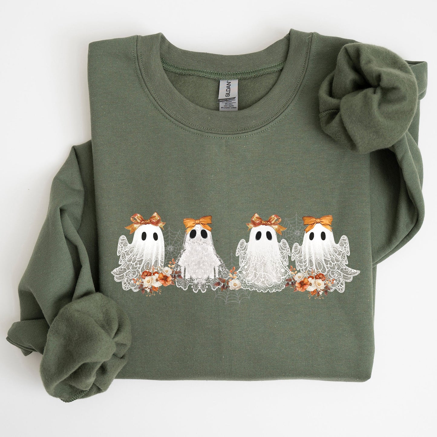 Cute Ghosts Lace Halloween Sweatshirt Girly Coquette Bow Ribbon