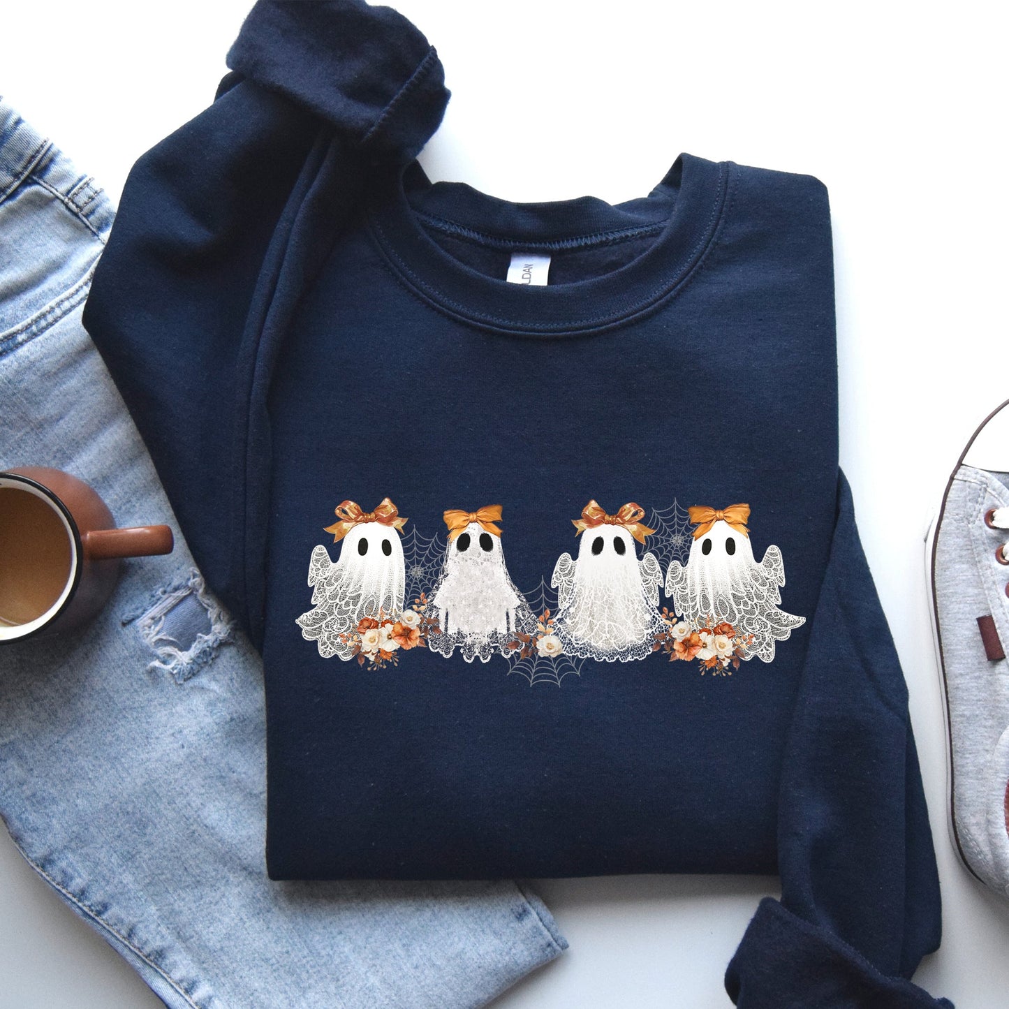 Cute Ghosts Lace Halloween Sweatshirt Girly Coquette Bow Ribbon