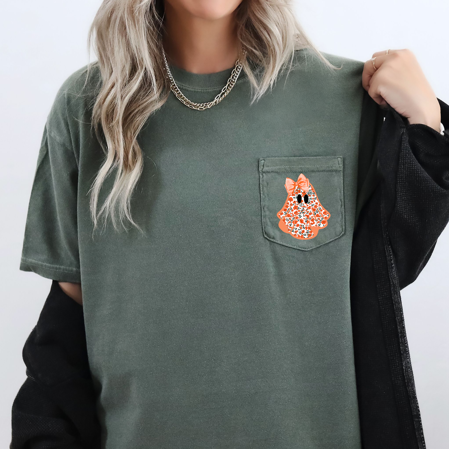 Cute Halloween Ghost Pattern Comfort Colors Pocket T-Shirt Refinery Number One