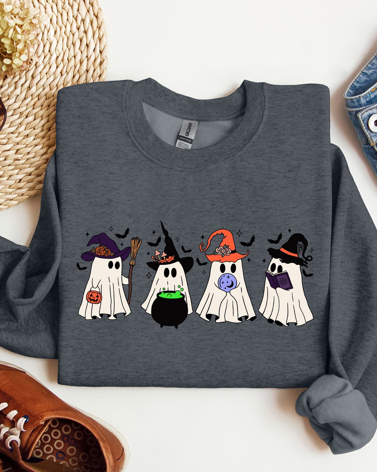 Cute Halloween Ghosts, Witches, Skeleton Sweatshirt Fall Autumn