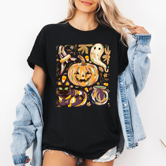 Cute Halloween Painted T-shirt Black Cat Pumpkin Ghost Witch