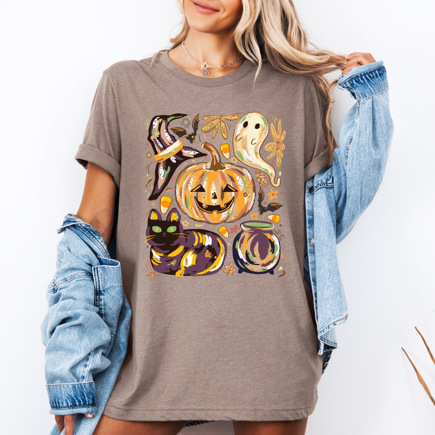 Cute Halloween Painted T-shirt Black Cat Pumpkin Ghost Witch