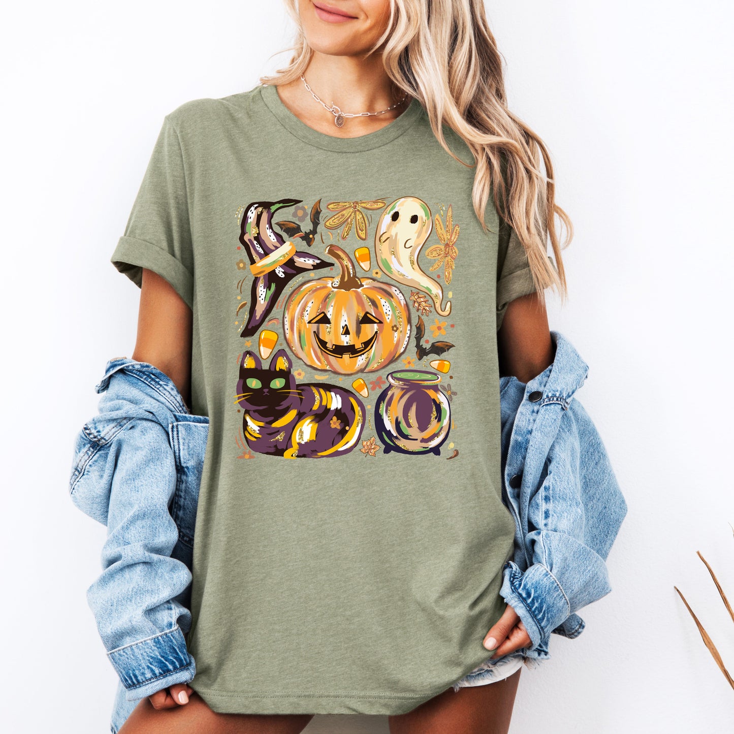 Cute Halloween Painted T-shirt Black Cat Pumpkin Ghost Witch