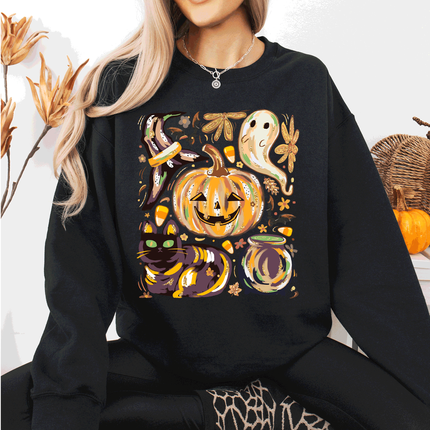 Cute Halloween Painted Sweatshirt with Pumpkin Black Cat Ghost Witch